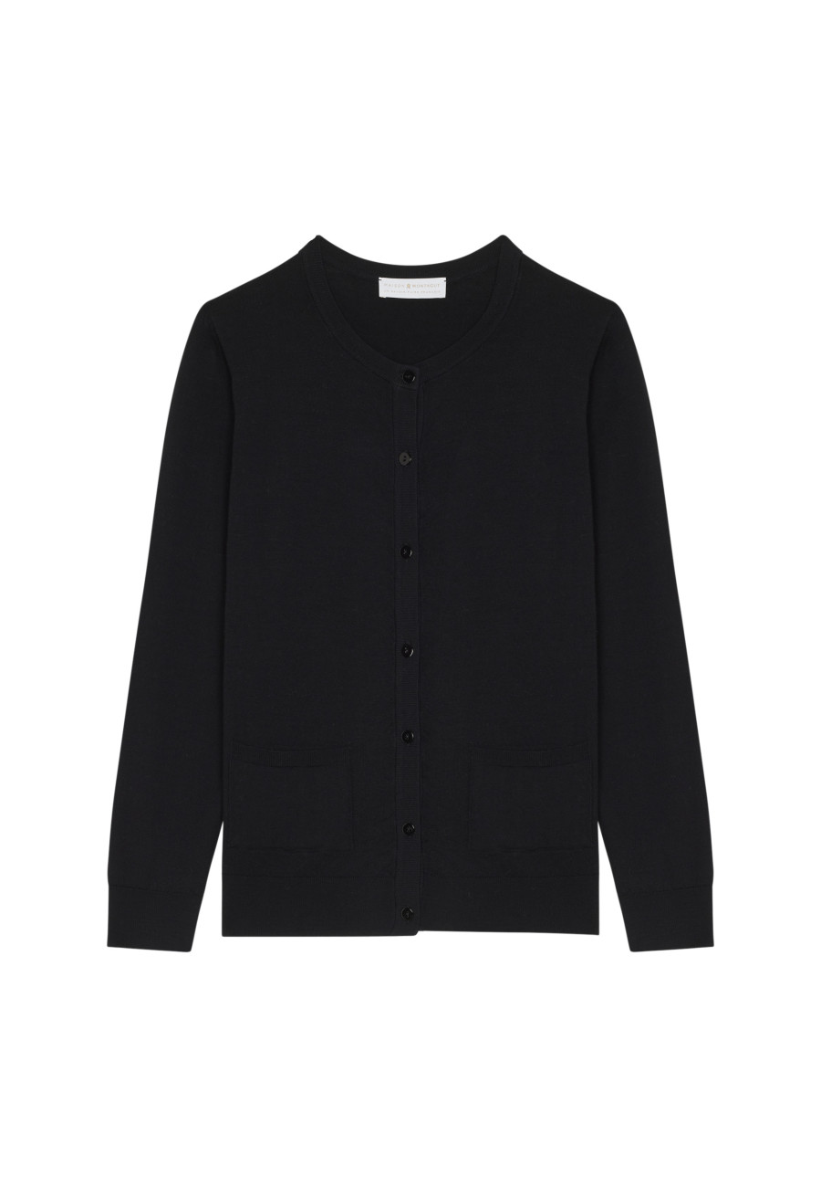 Cardigan boutonné col rond à poches en laine mérinos - Amalia