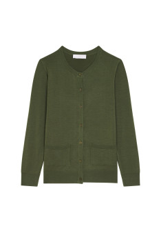 Cardigan boutonné col rond à poches en laine mérinos - Amalia 7850 foret - 83 Kaki