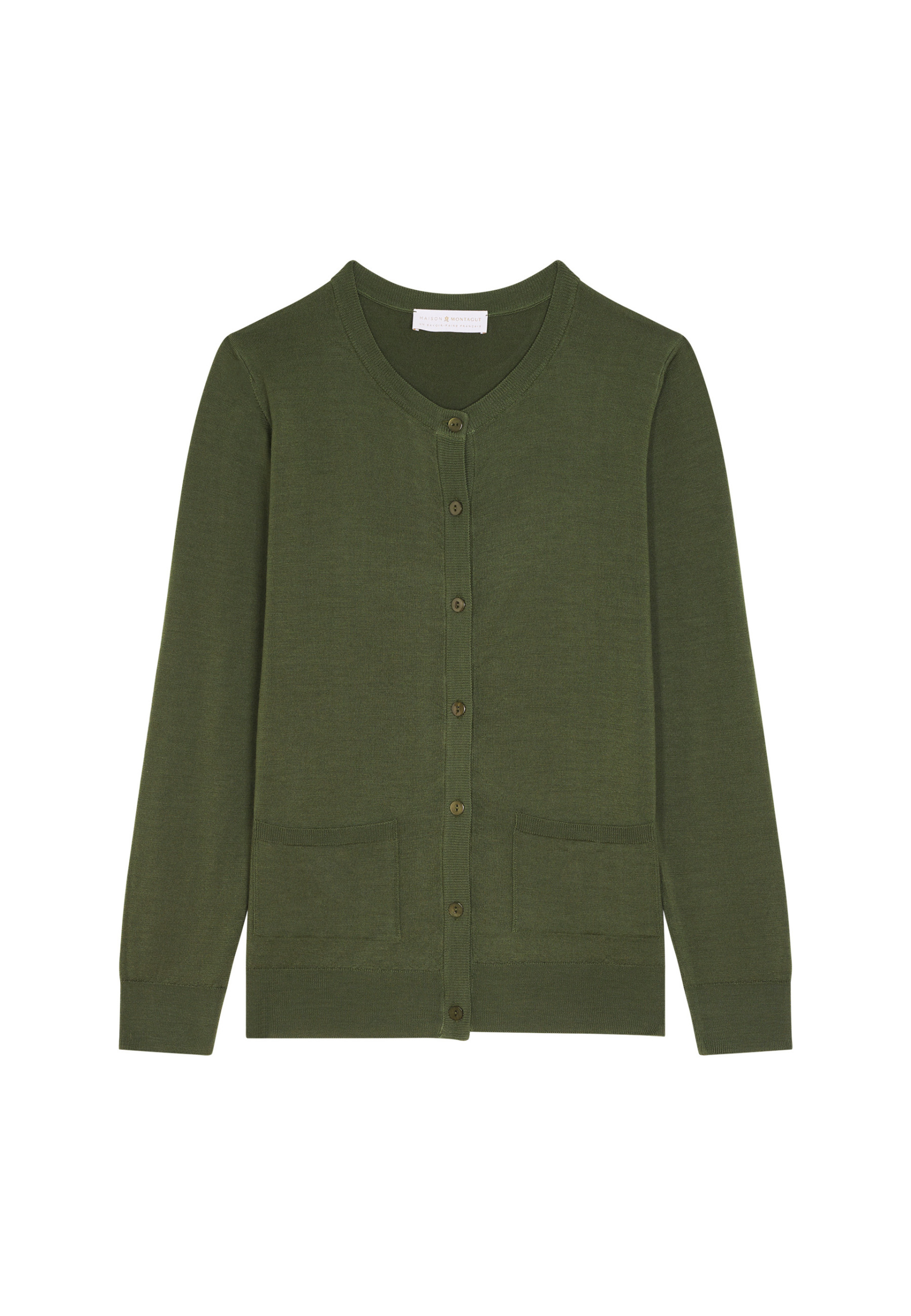 Cardigan boutonné col rond à poches en laine mérinos - Amalia 7850 foret - 83 Kaki