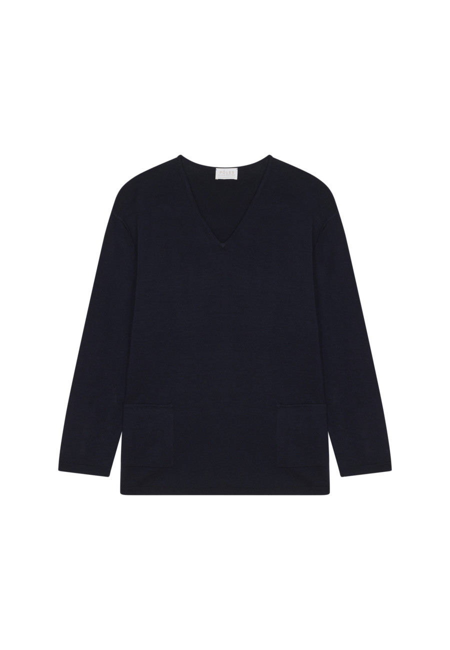Loose V-neck sweater with pockets in merino wool - Albertine
