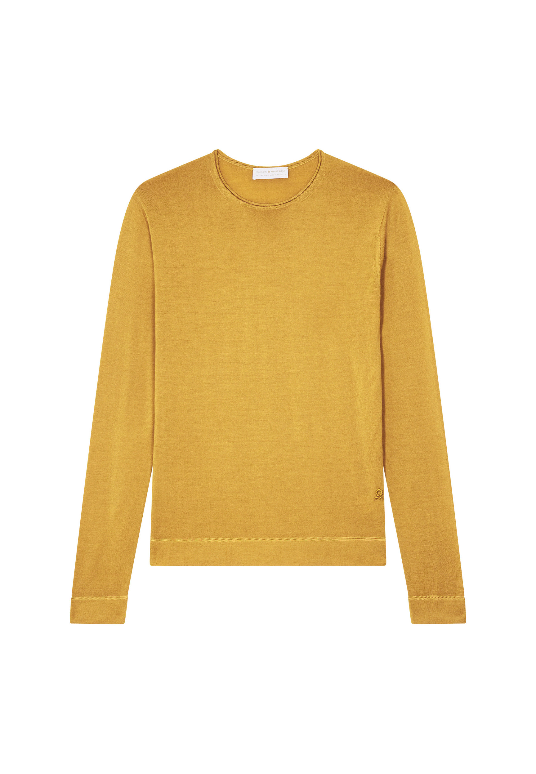 Pull col rond en laine mérinos finitions roulotées - Rythme 7860 soleil - 89 Moutarde