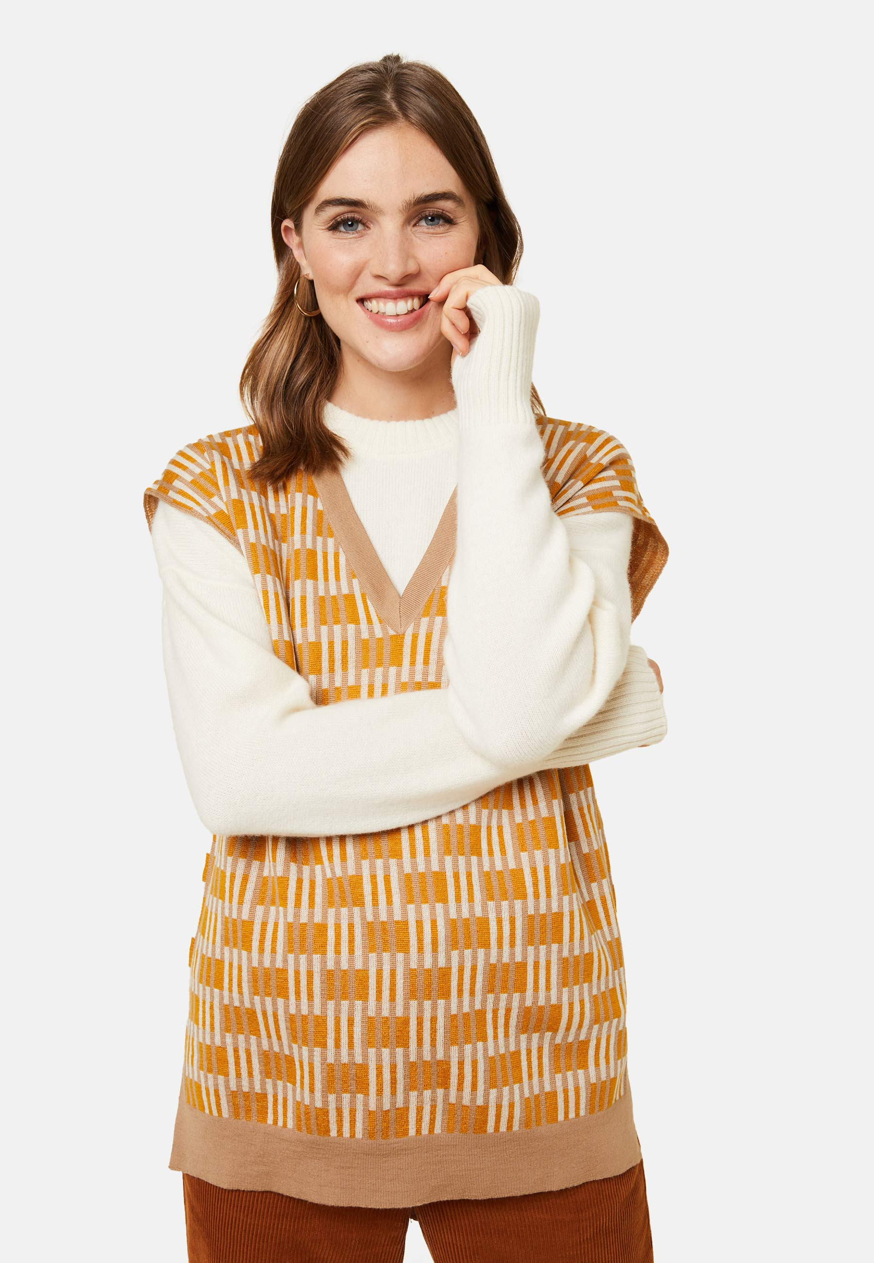 Pull col V à motifs en laine mérinos sans manches - Ganael