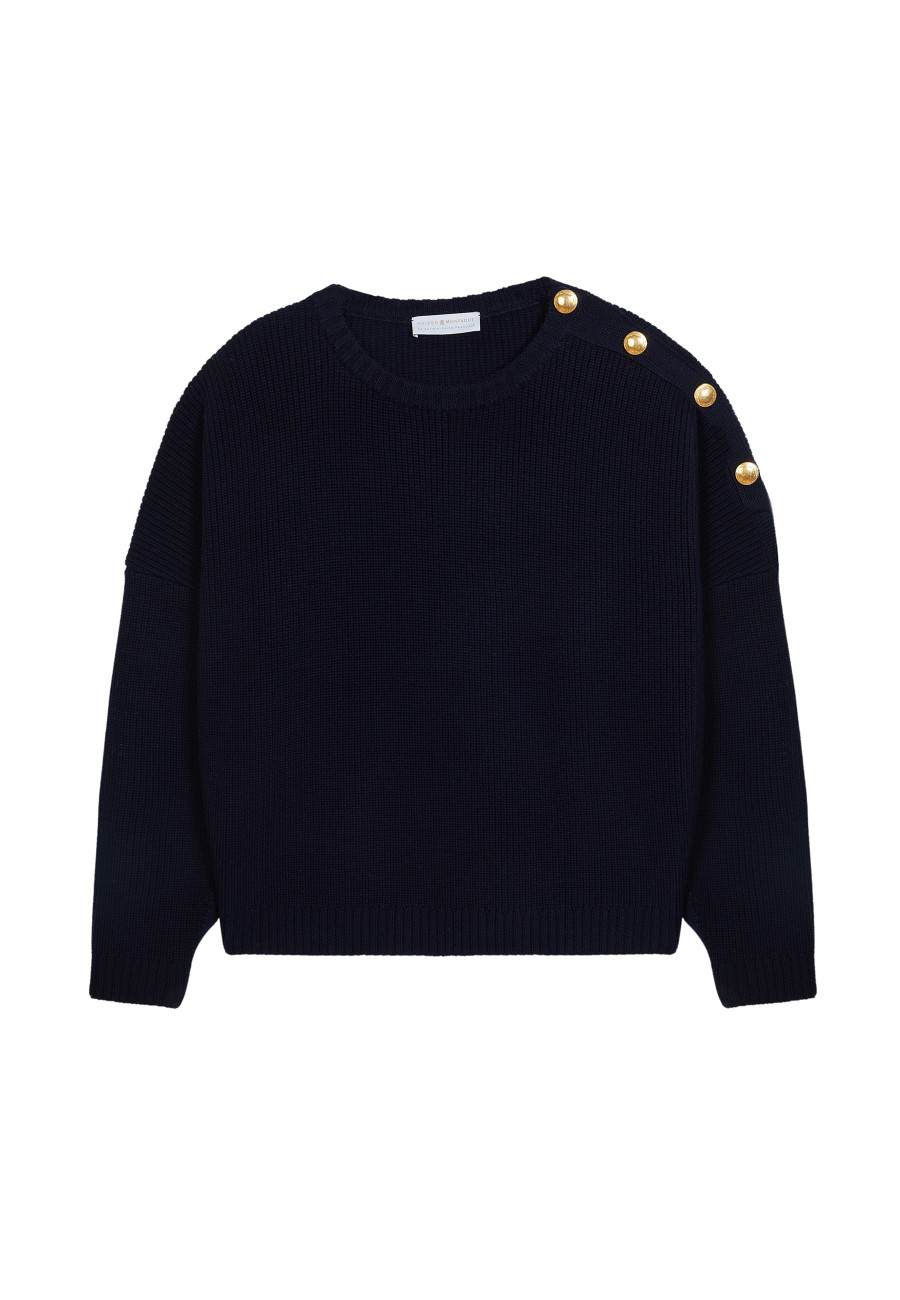 Pull col rond épaule boutonnée en laine mérinos - Gao