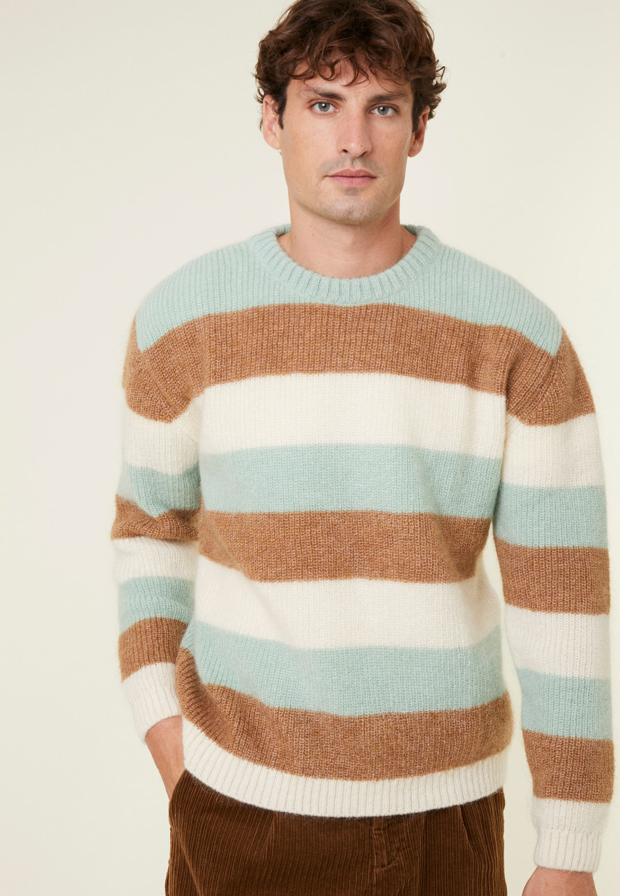 Pull col rond rayé tricolore en mohair - Fox 7930 ecru/camel/celadon - 94 Vert amande