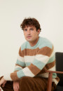 Pull col rond rayé tricolore en mohair - Fox 7930 ecru/camel/celadon - 94 Vert amande