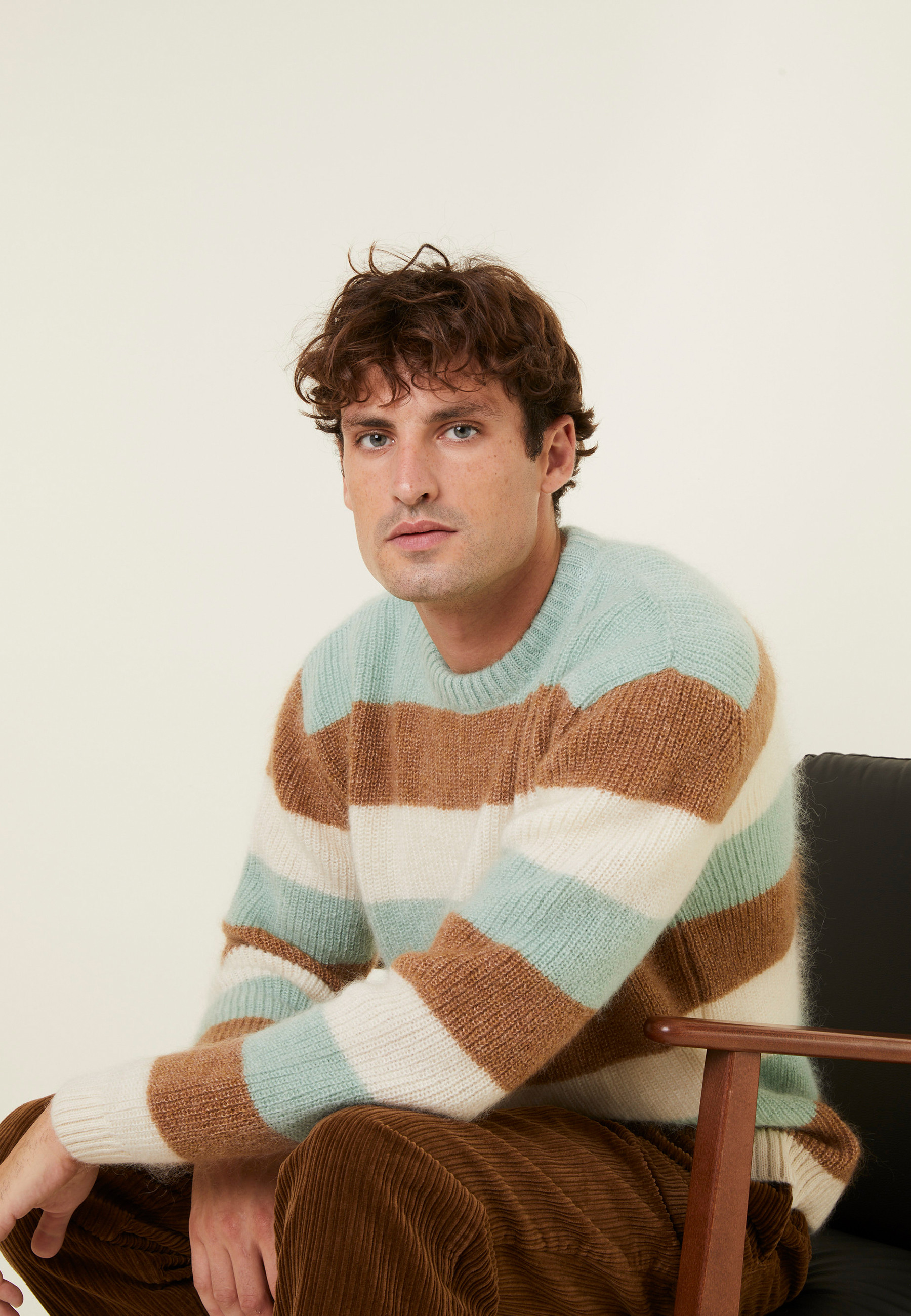 Pull col rond rayé tricolore en mohair - Fox 7930 ecru/camel/celadon - 94 Vert amande