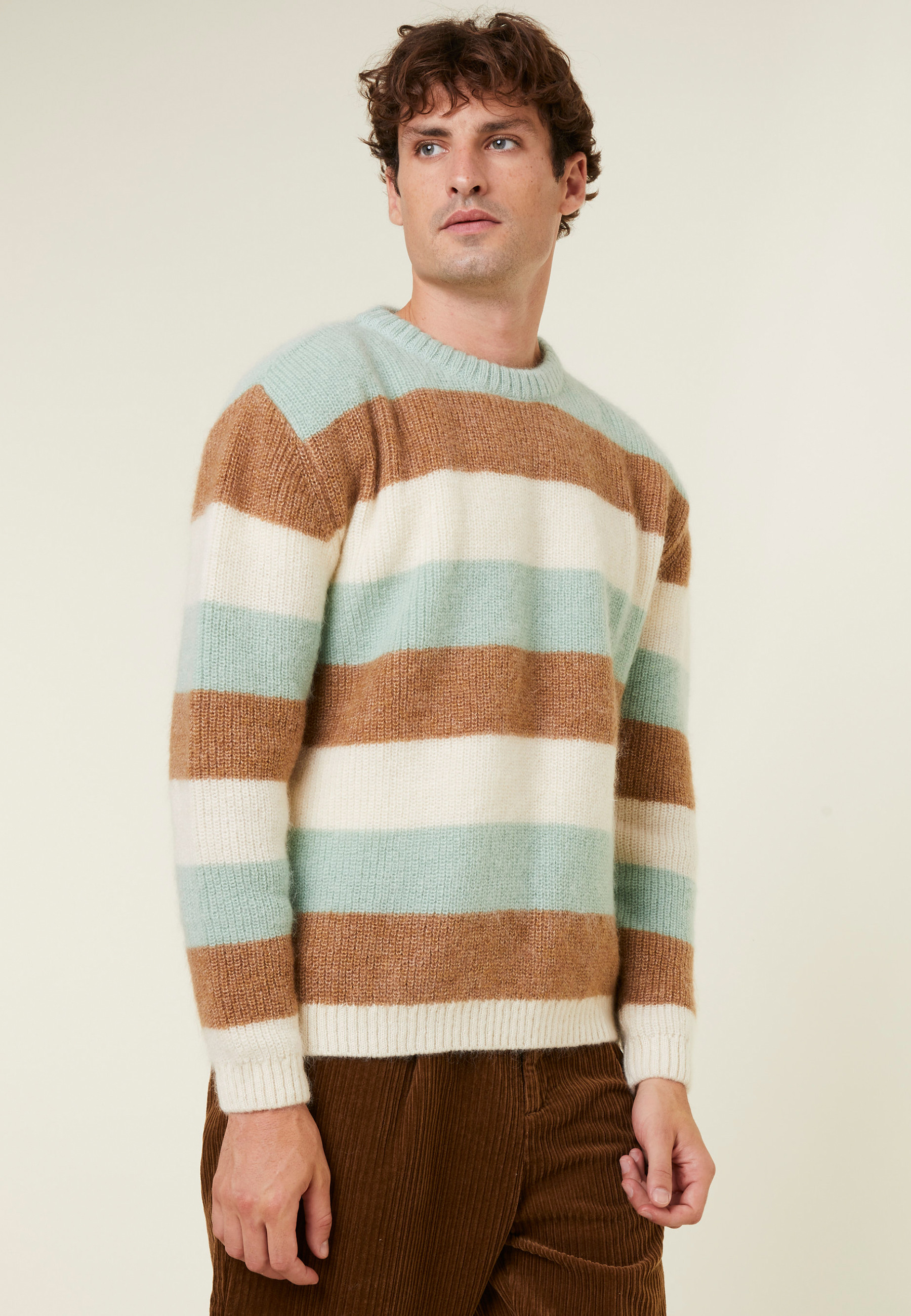 Pull col rond rayé tricolore en mohair - Fox 7930 ecru/camel/celadon - 94 Vert amande