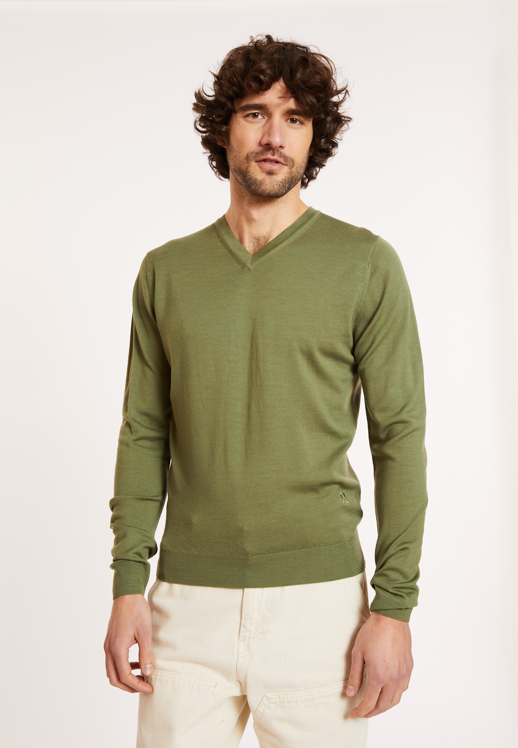 Pull col V logo en laine mérinos - Elmo