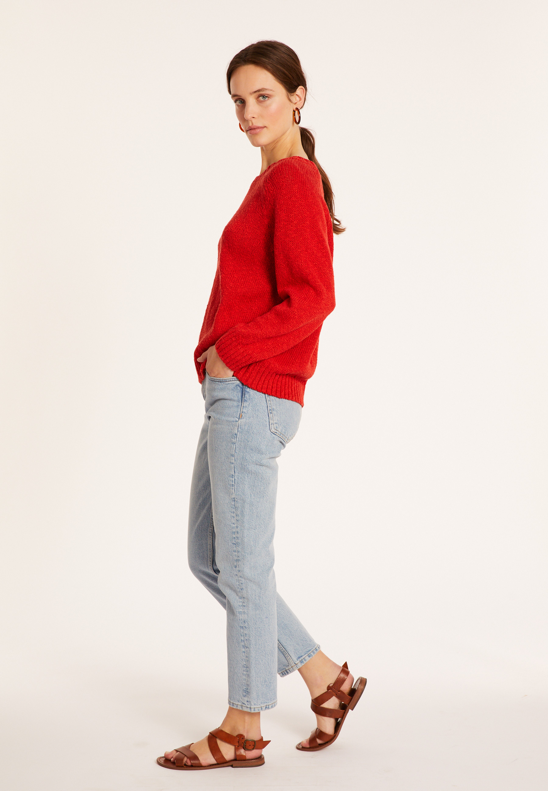 Pull emmanchures marteau en coton et lin - Mick 8080 capucine - 52 Rouge