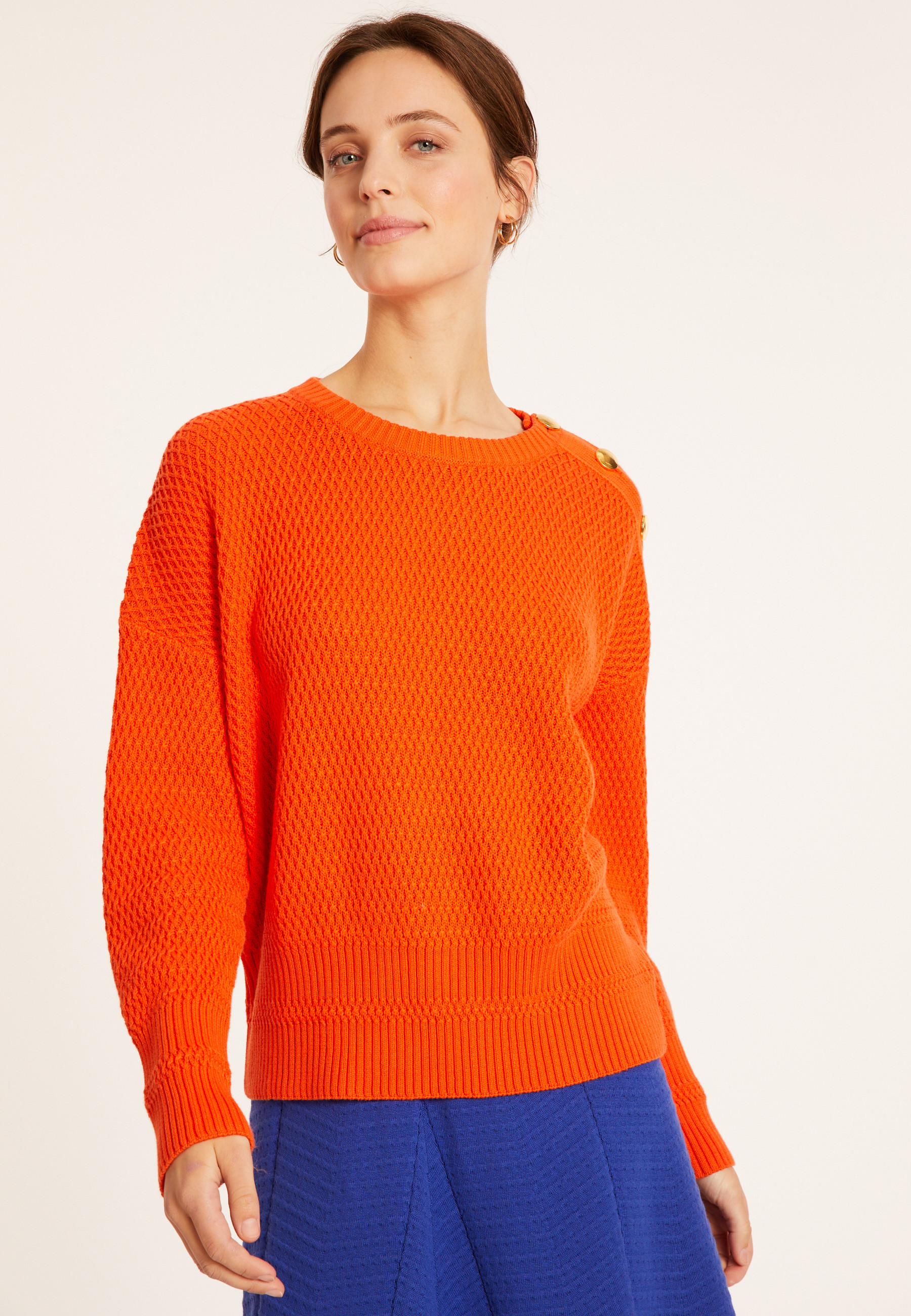 Pull col rond épaule boutonnée en coton bio - Meryl 8071 - 15 Orange