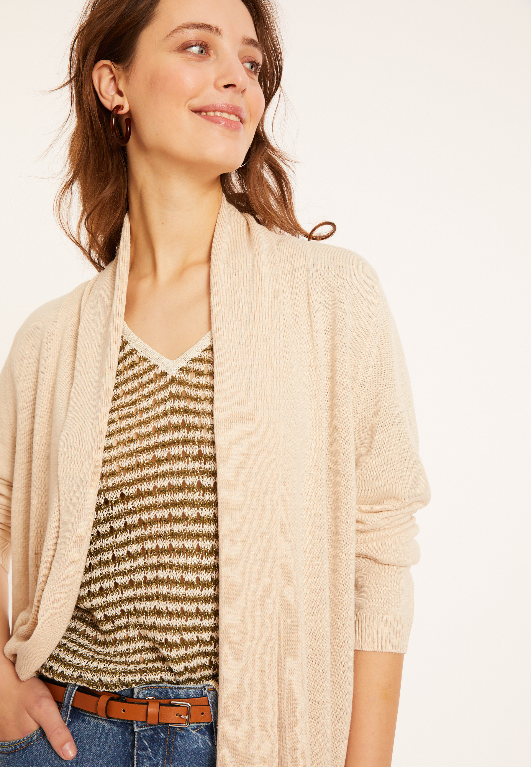 Gilet en lin flammé col châle - Maelle 8020 ficelle - 12 Beige clair