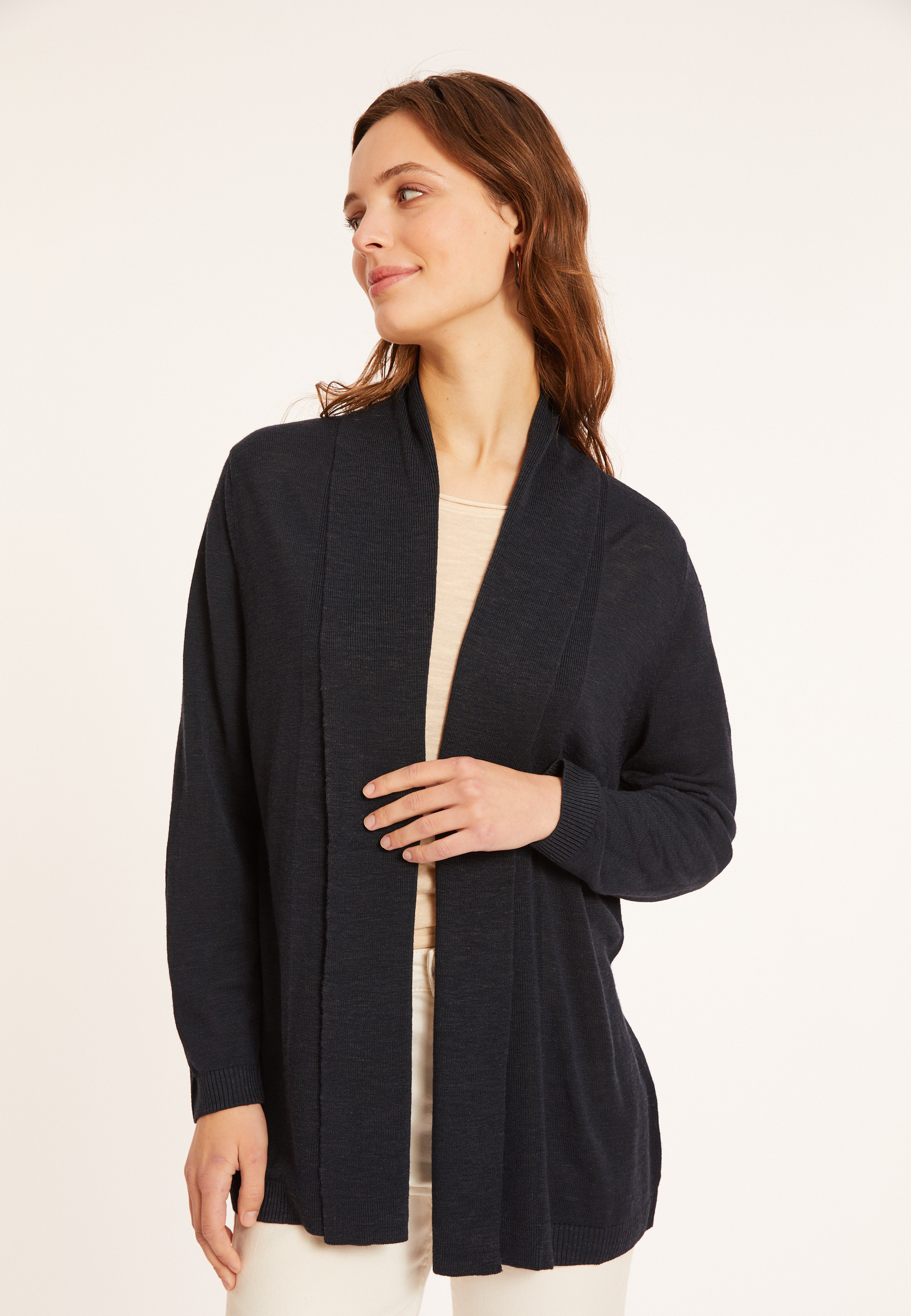 Gilet en lin flammé col châle - Maelle 8040 marine - 05 Bleu marine
