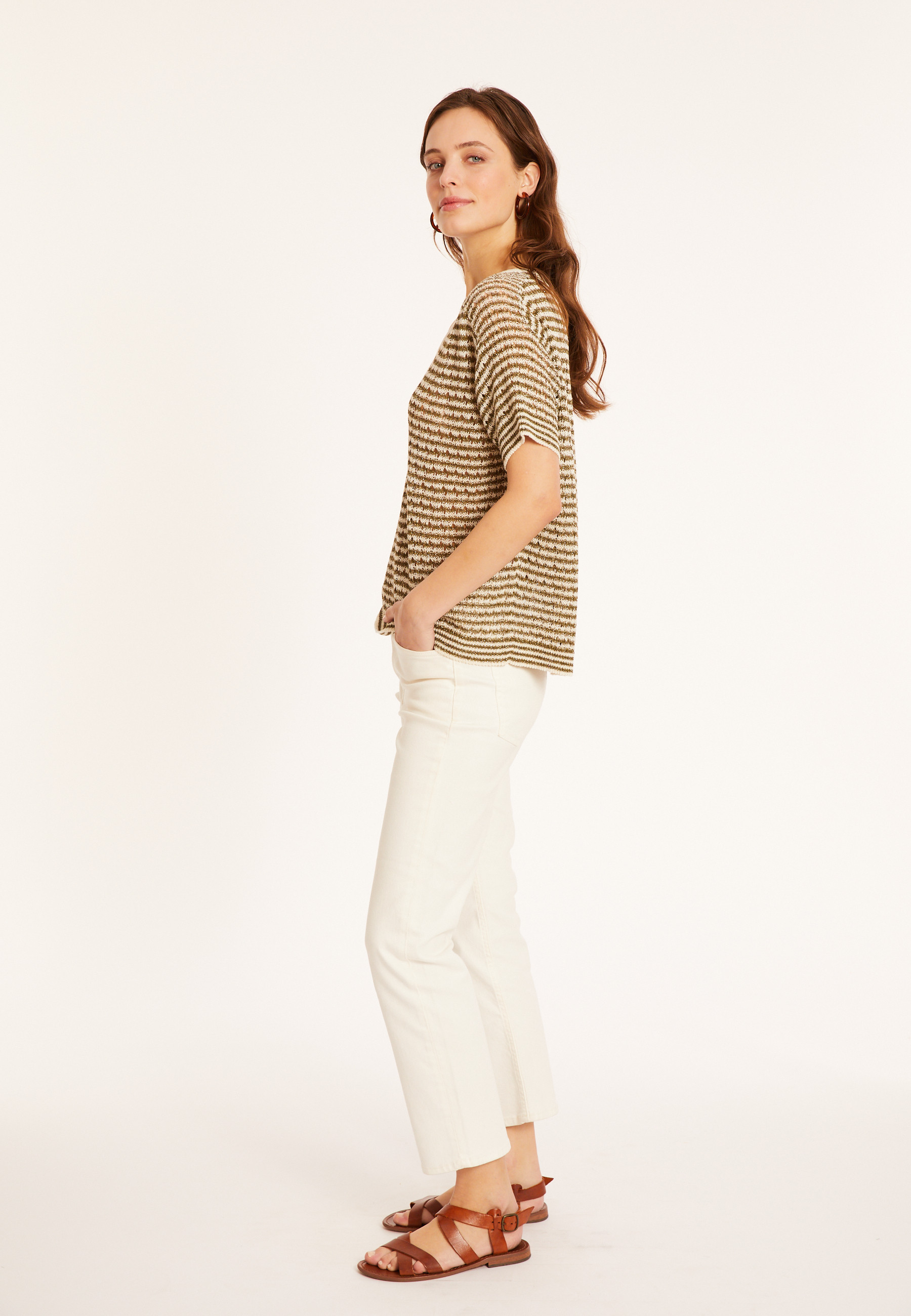 T-shirt ajouré en lin col V - Marguerite 8113 - 83 Kaki