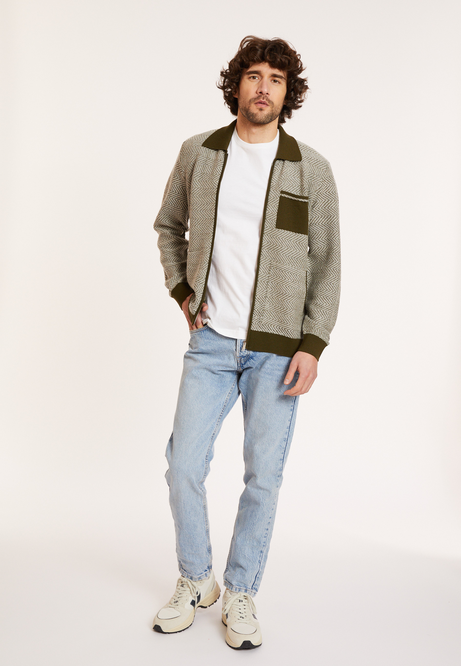 Veste zippée en laine mérinos - Dinesh 8135 cactus - 83 Kaki