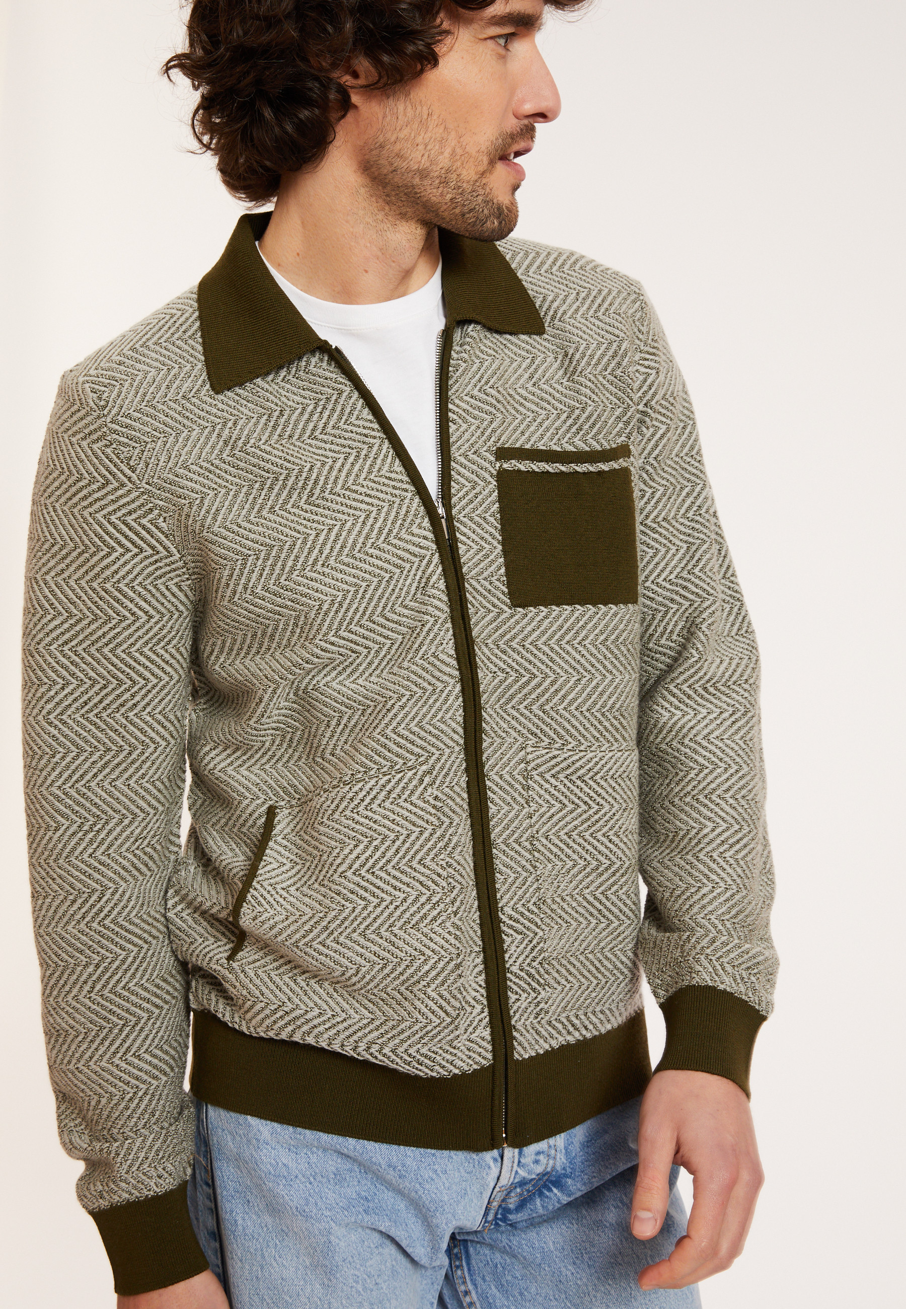 Veste zippée en laine mérinos - Dinesh 8135 cactus - 83 Kaki