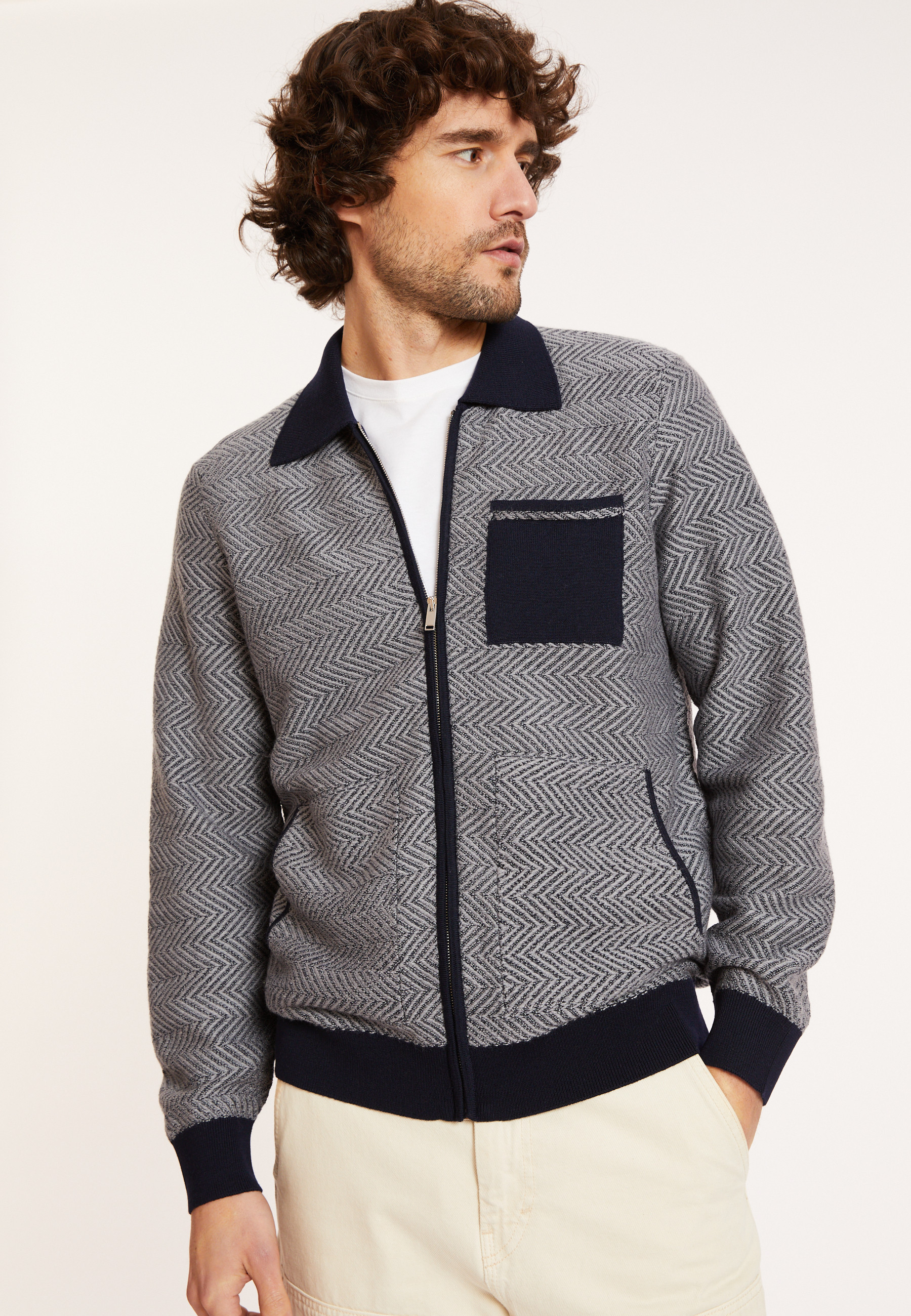 Veste zippée en laine mérinos - Dinesh 8136 marine - 05 Bleu marine