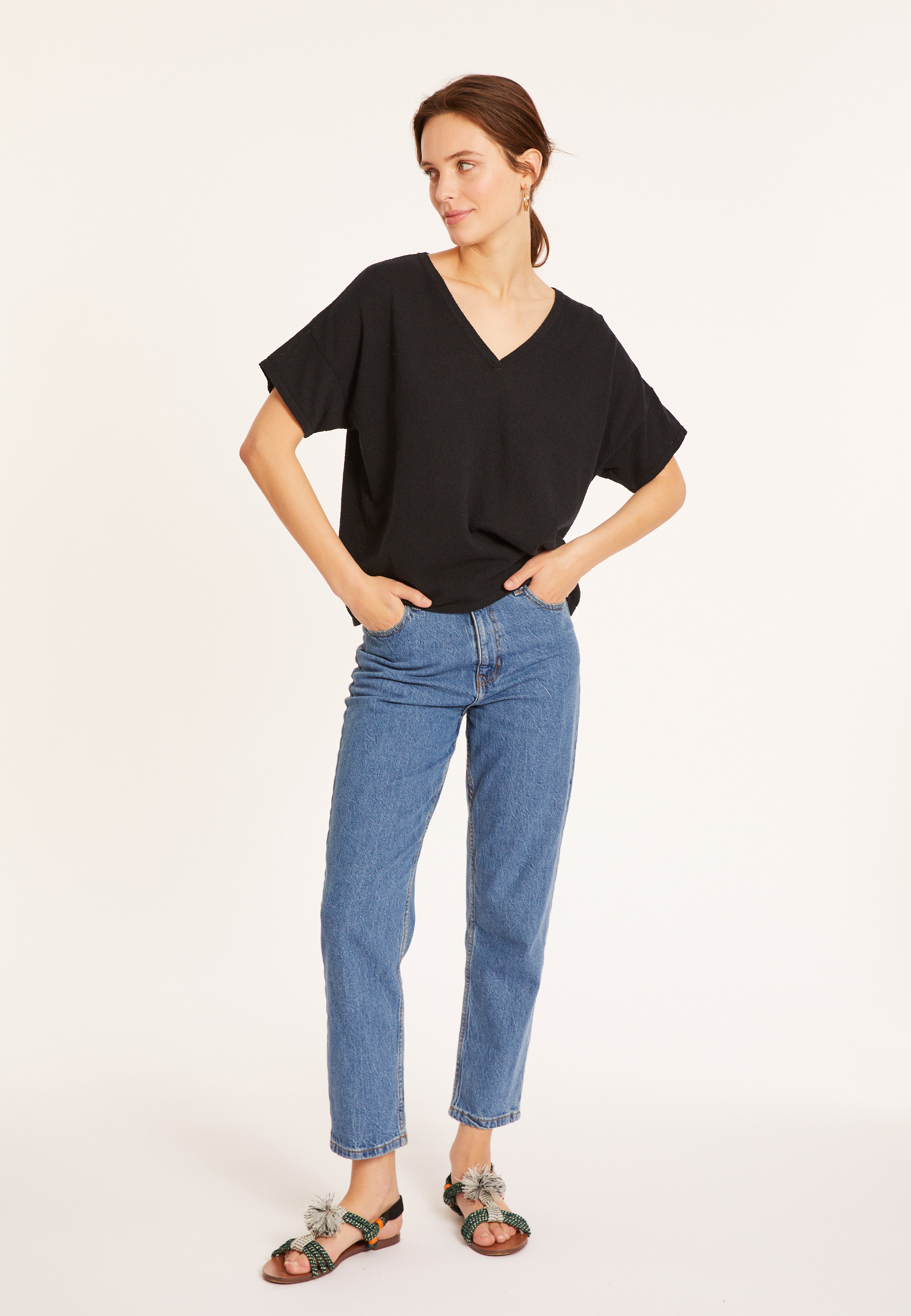 Loose V-neck brushed cotton T-shirt - Maden