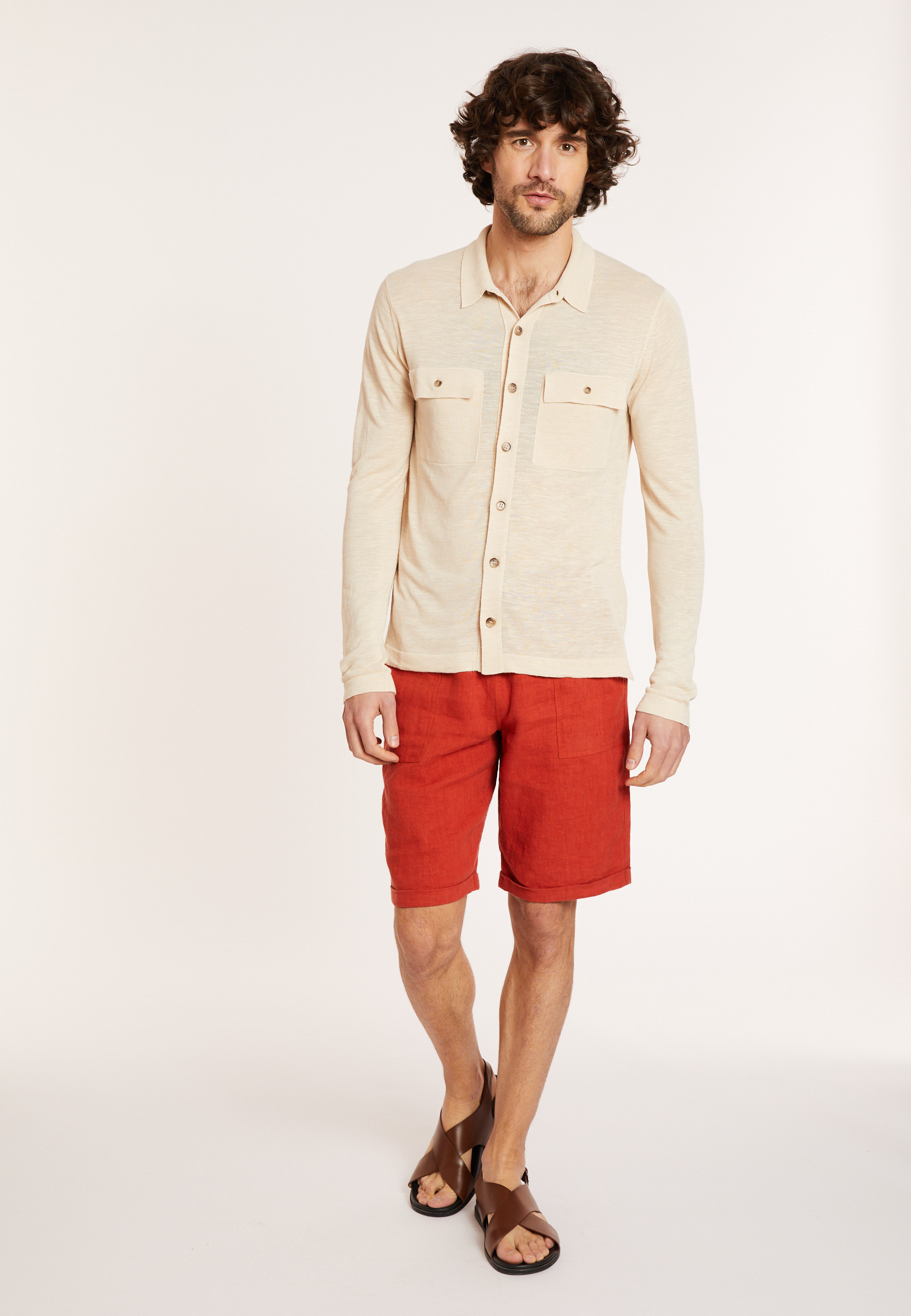 Chemise boutonnée en lin flammé - Randy 8020 ficelle - 12 Beige clair