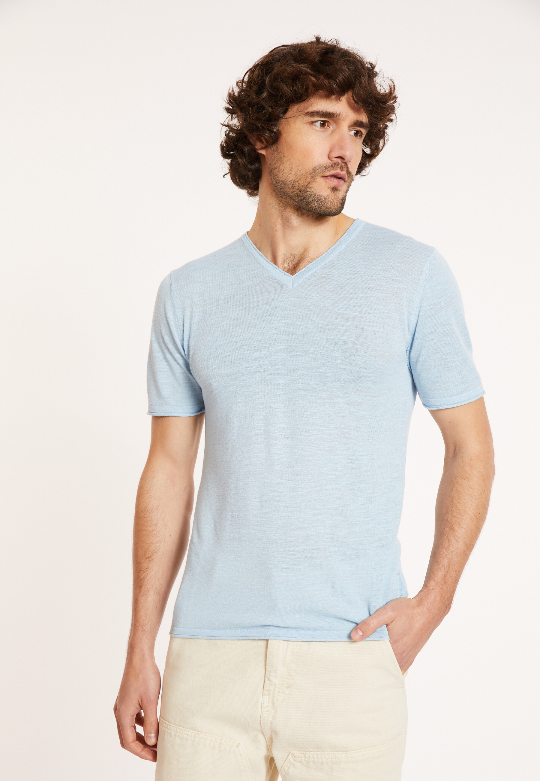 T-shirt col V en lin flammé - Reuben 8043 celeste - 04 Bleu clair