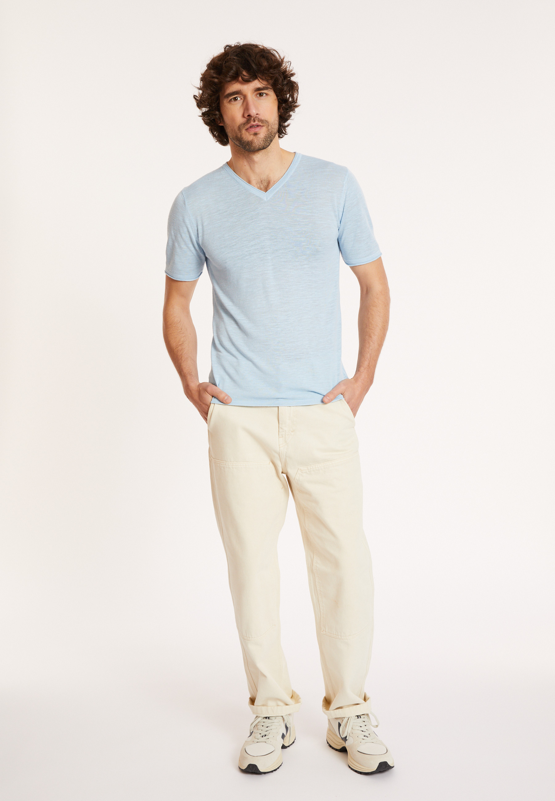 T-shirt col V en lin flammé - Reuben 8043 celeste - 04 Bleu clair