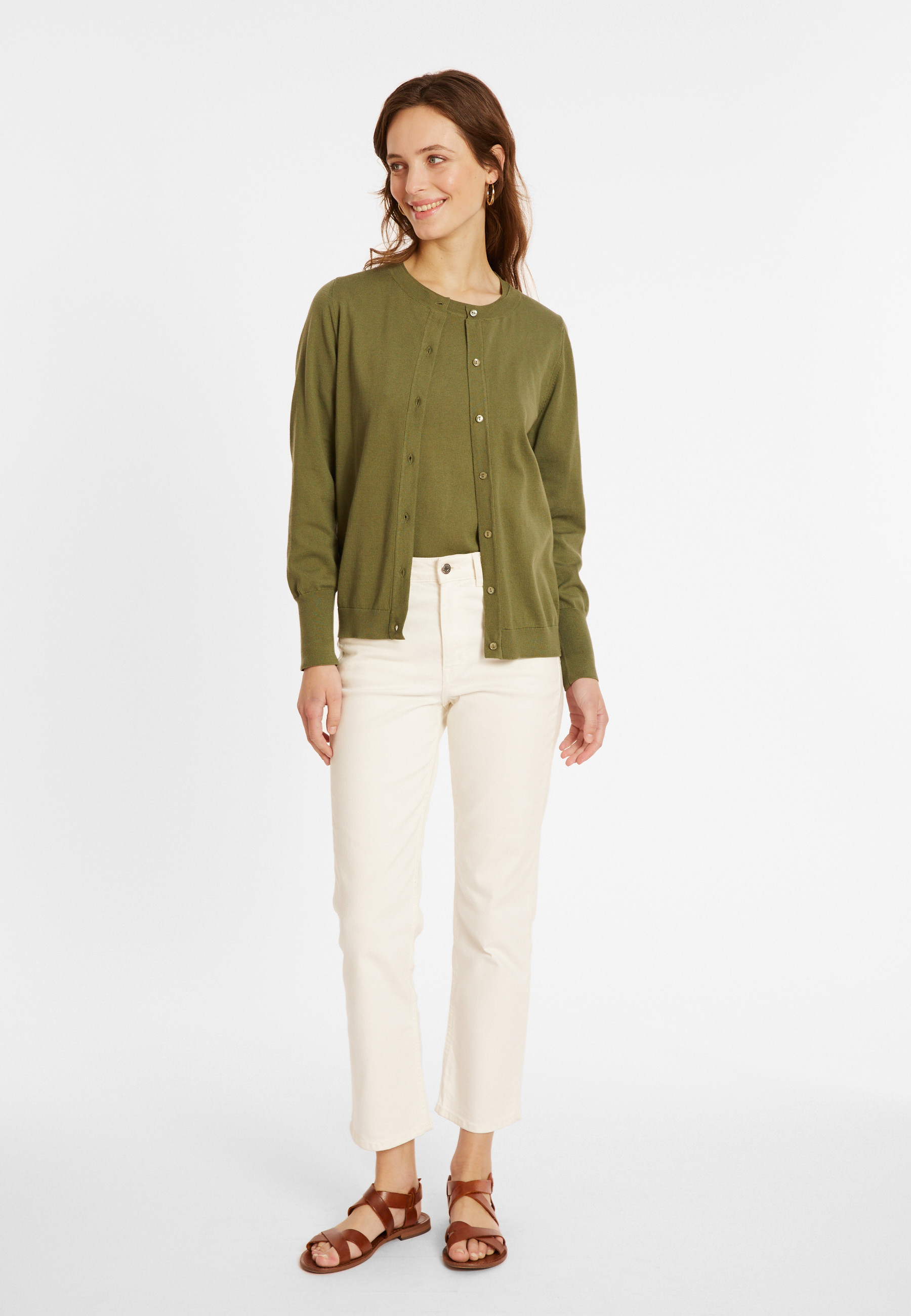 Cardigan col rond en coton bio - Manel 8051 cactus - 83 Kaki