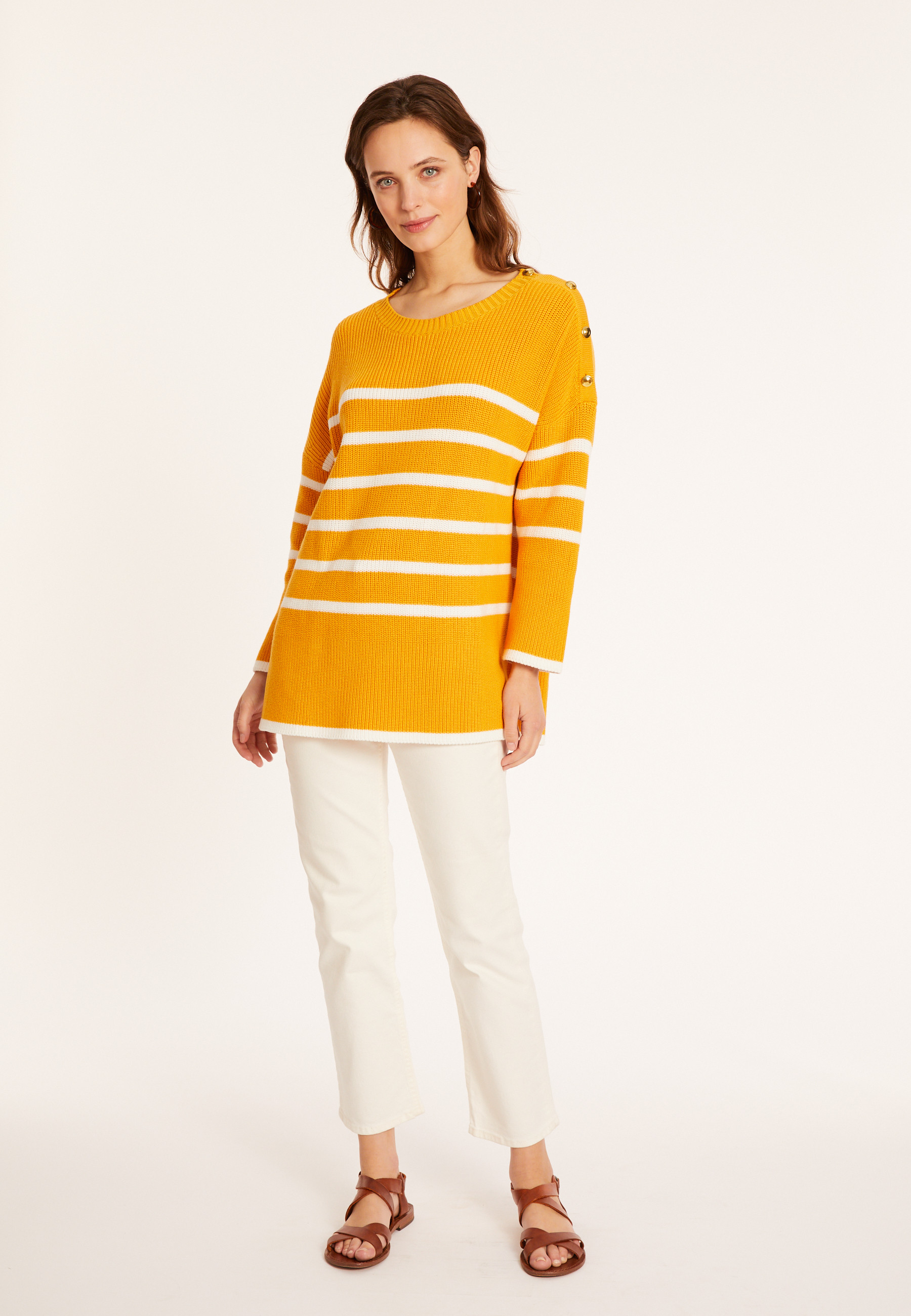 Pull ample rayé en coton bio - Mevo 8133 - 89 Moutarde