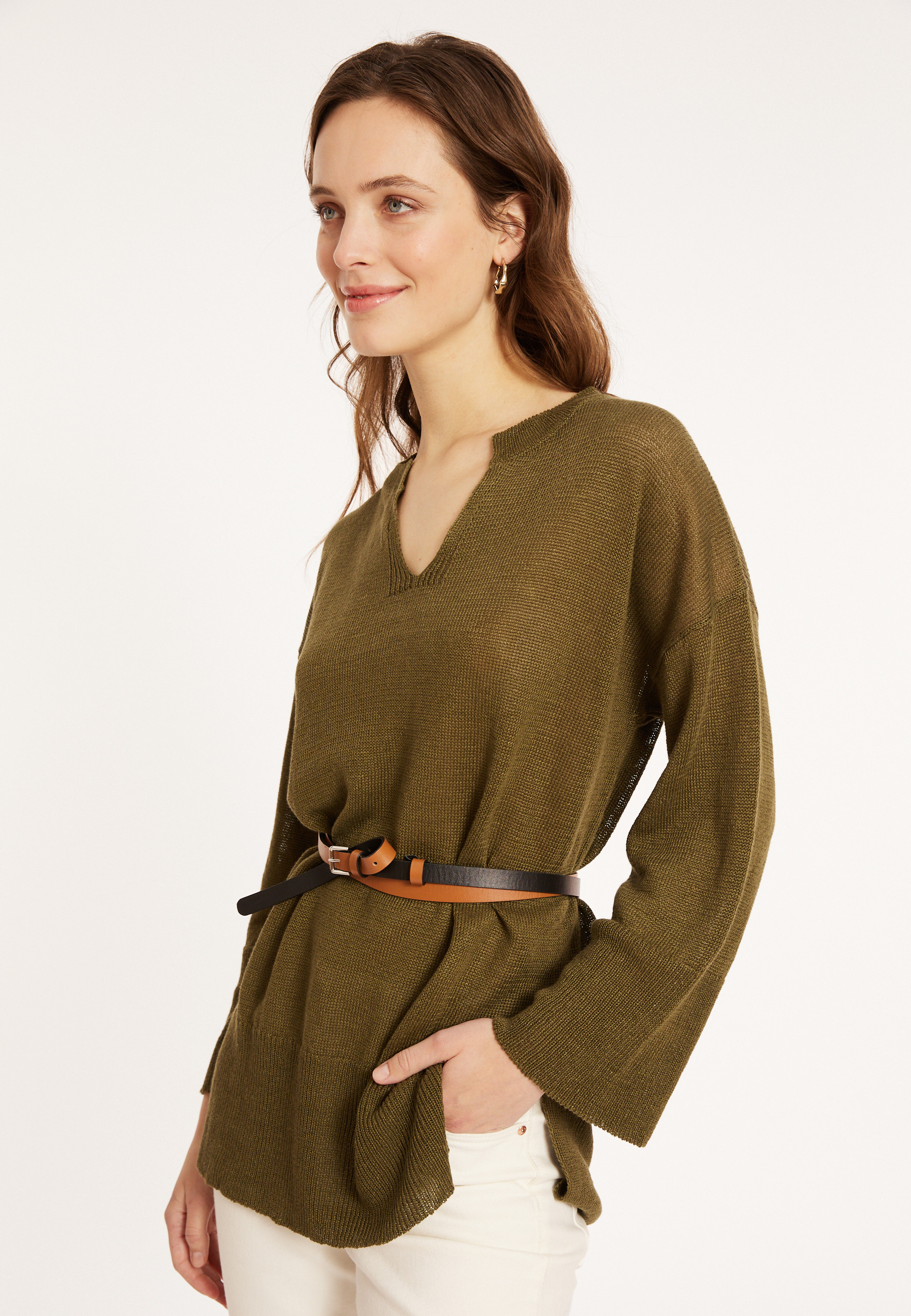 Tunique ample col V en lin - Marielle 8051 cactus - 83 Kaki