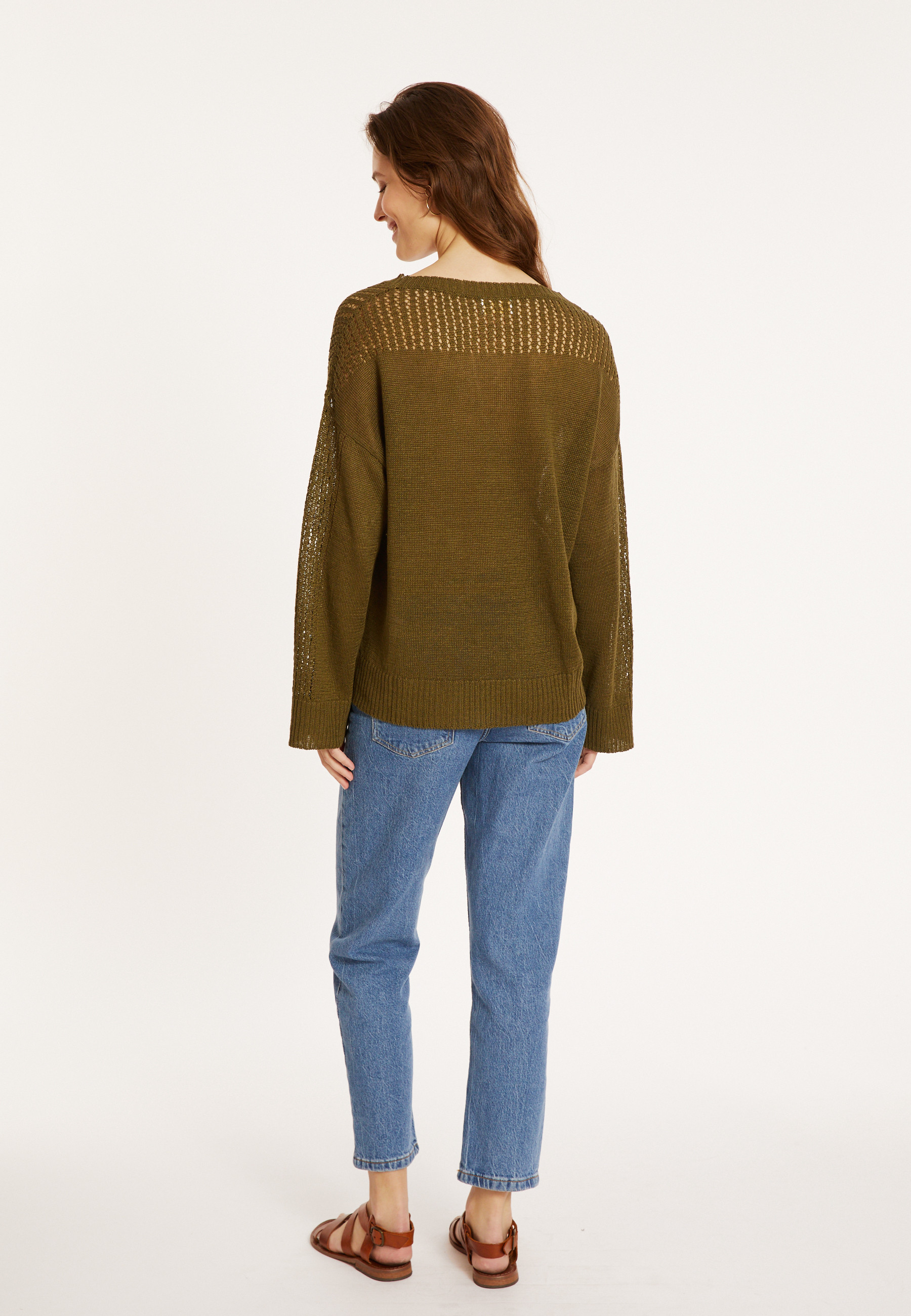 Pull ample en lin manches ajourées - Molene 8051 cactus - 83 Kaki