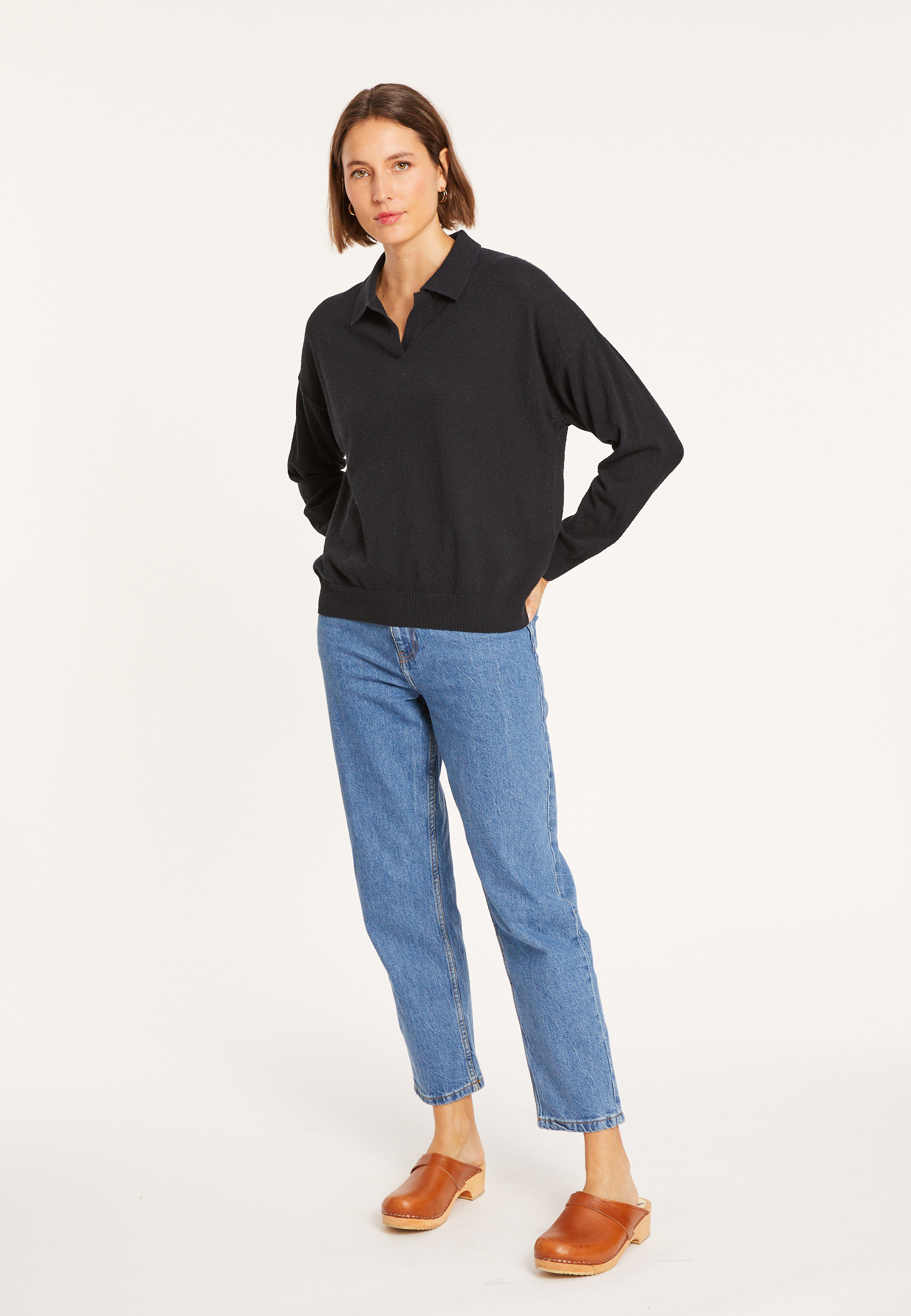 Polo manches longues en coton  brossé - Melvina 8010 noir - 01 Noir