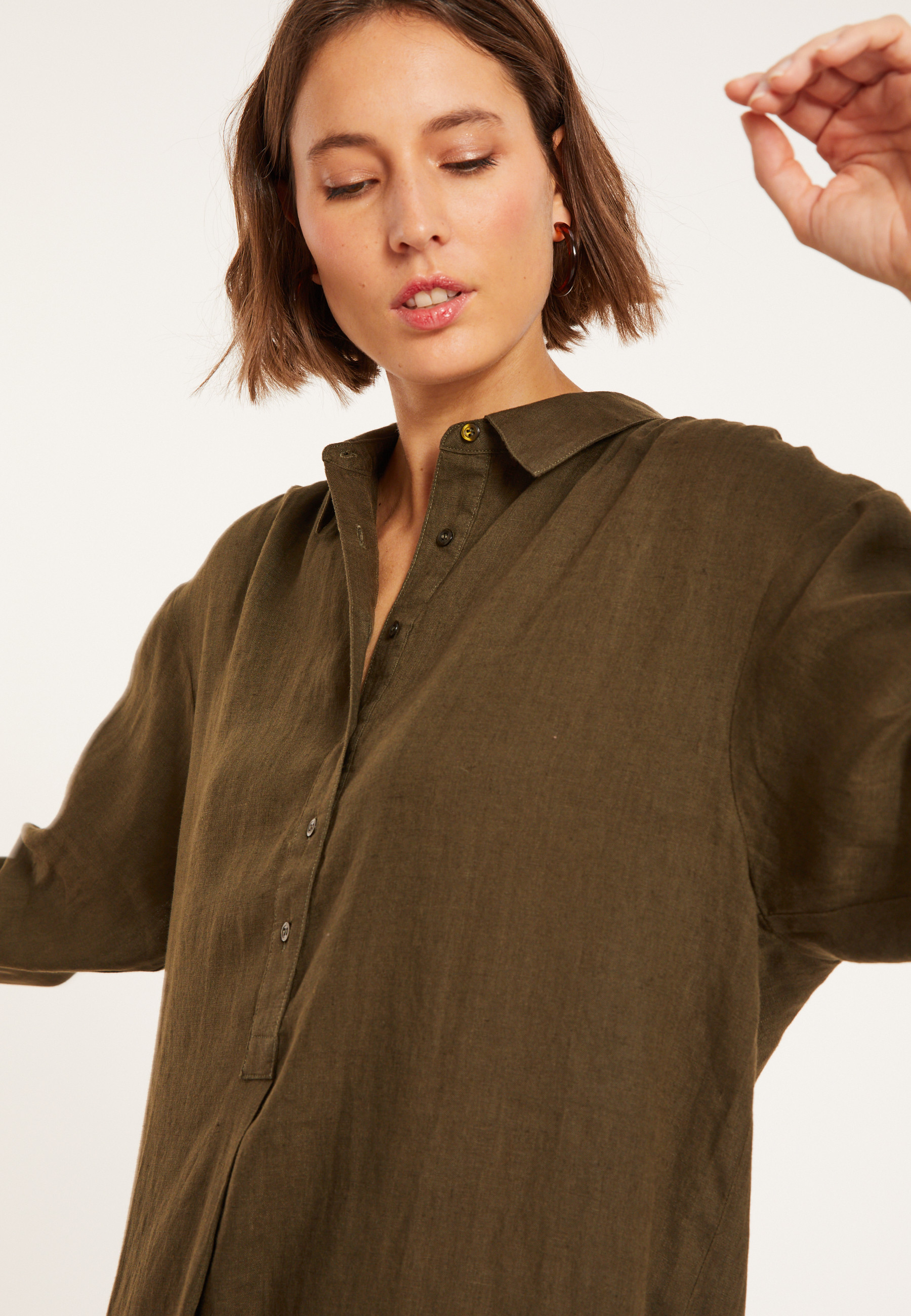 Robe longue col polo en lin - Valerie 8051 cactus - 83 Kaki