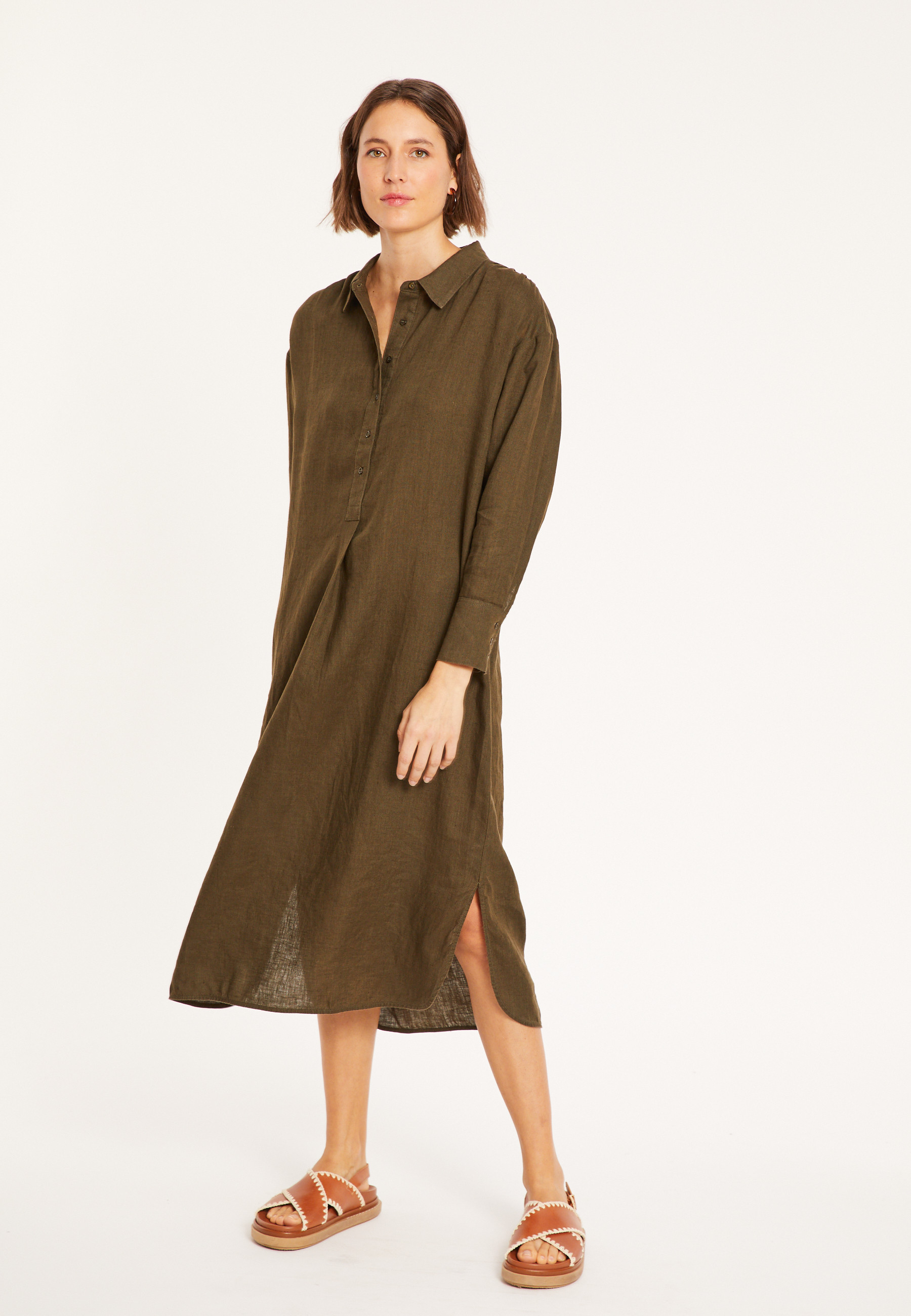 Robe longue col polo en lin - Valerie 8051 cactus - 83 Kaki