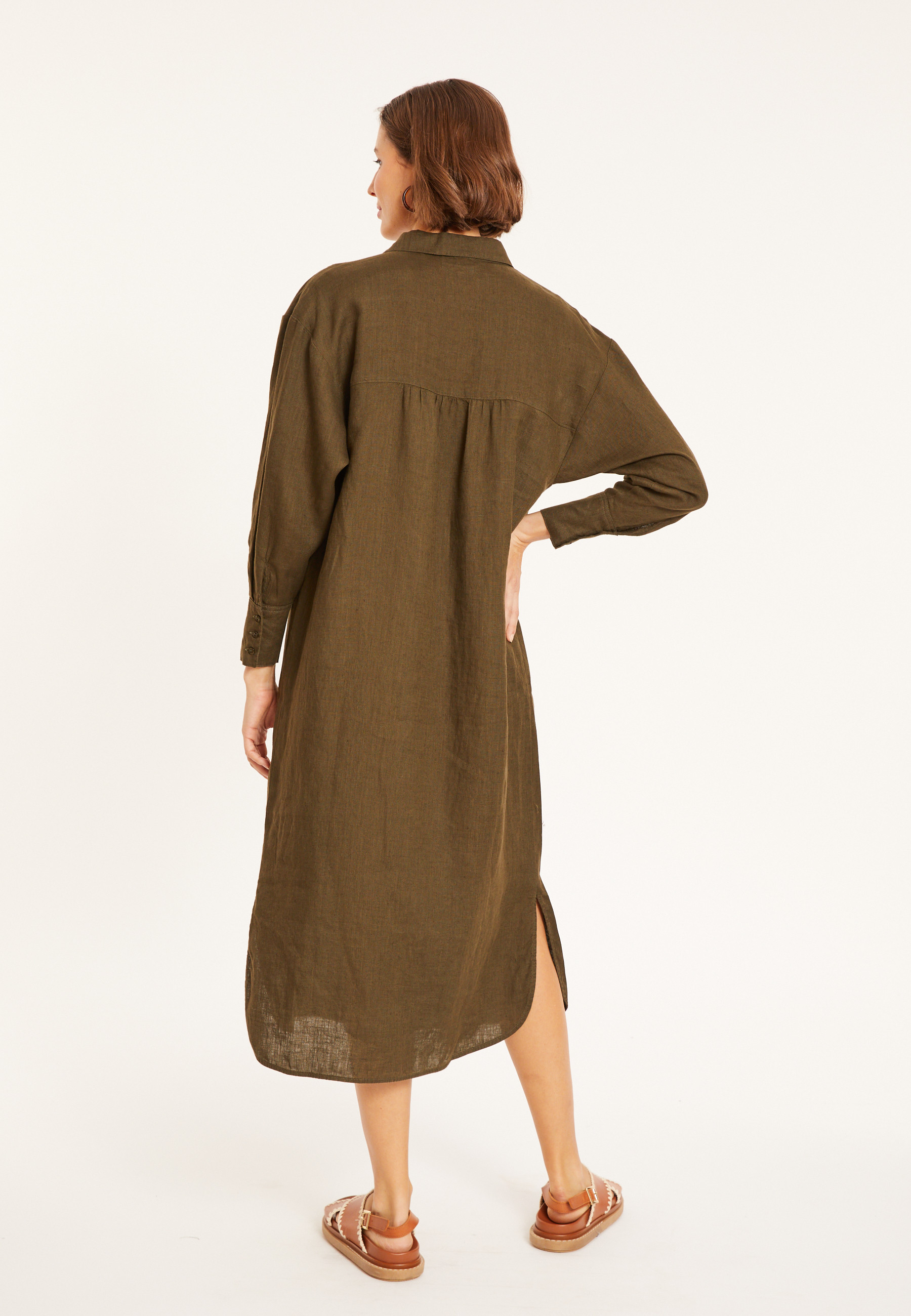 Robe longue col polo en lin - Valerie 8051 cactus - 83 Kaki