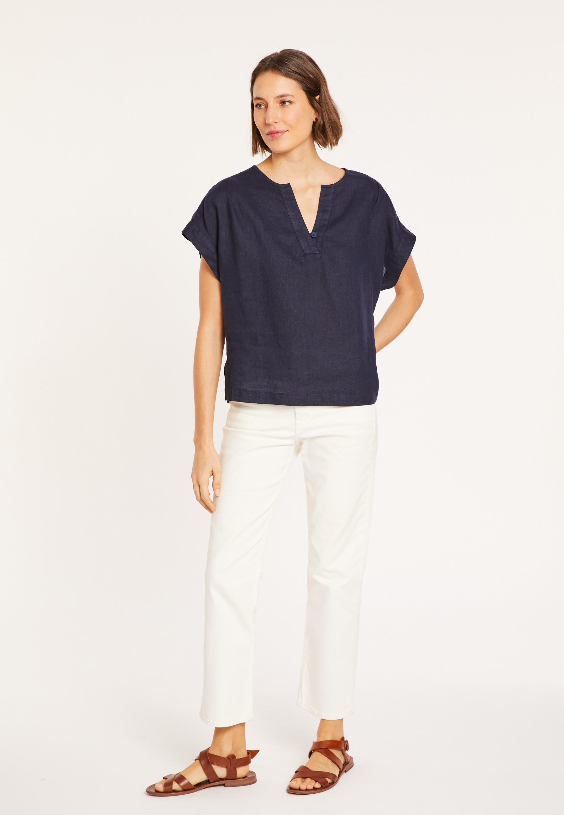 Blouse en lin manches courtes - Virginie 8040 marine - 05 Bleu marine