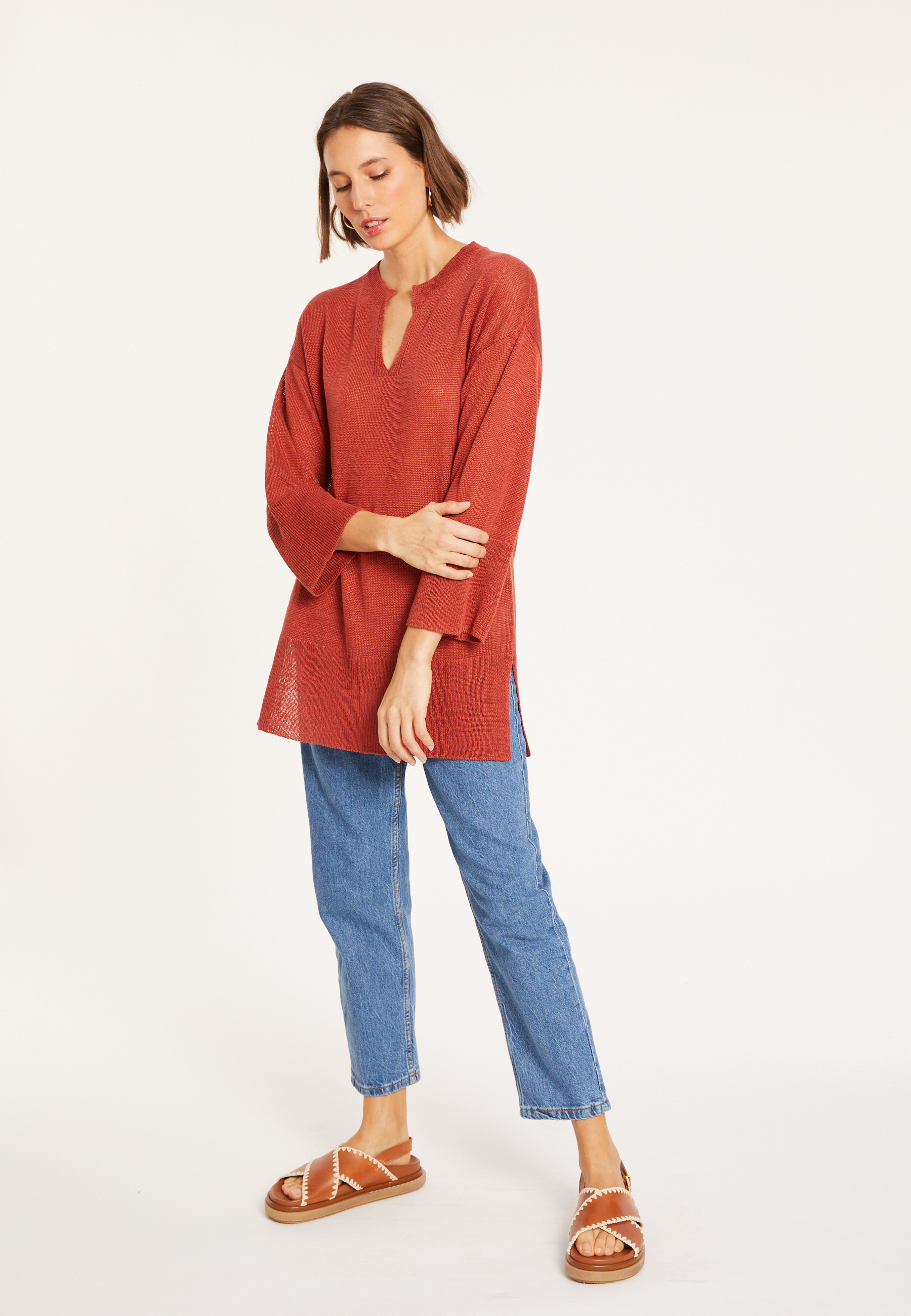 Tunique ample col V en lin - Marielle 8081 epice - 51 Bordeaux