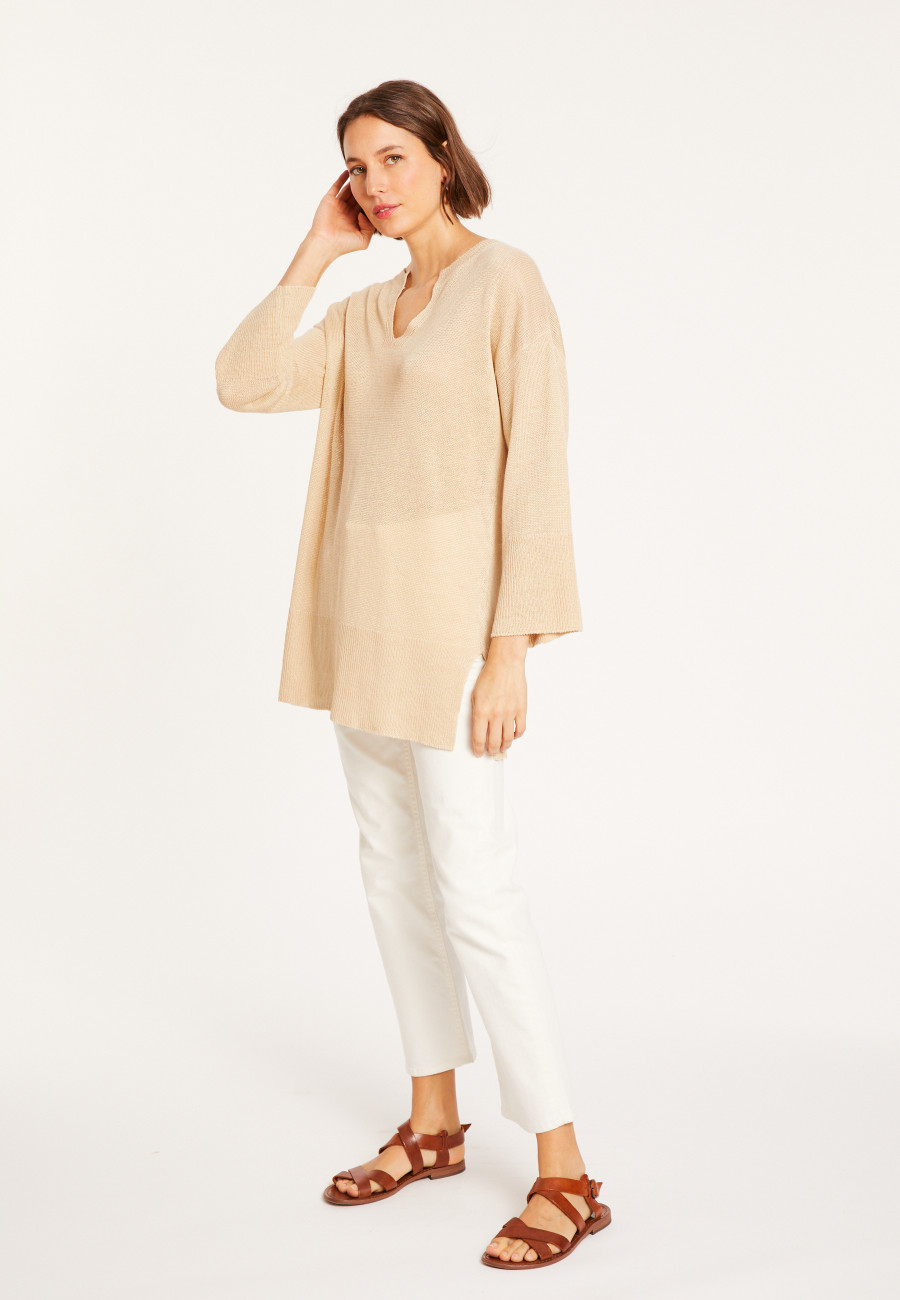 Tunique ample col V en lin - Marielle 8020 ficelle - 12 Beige clair