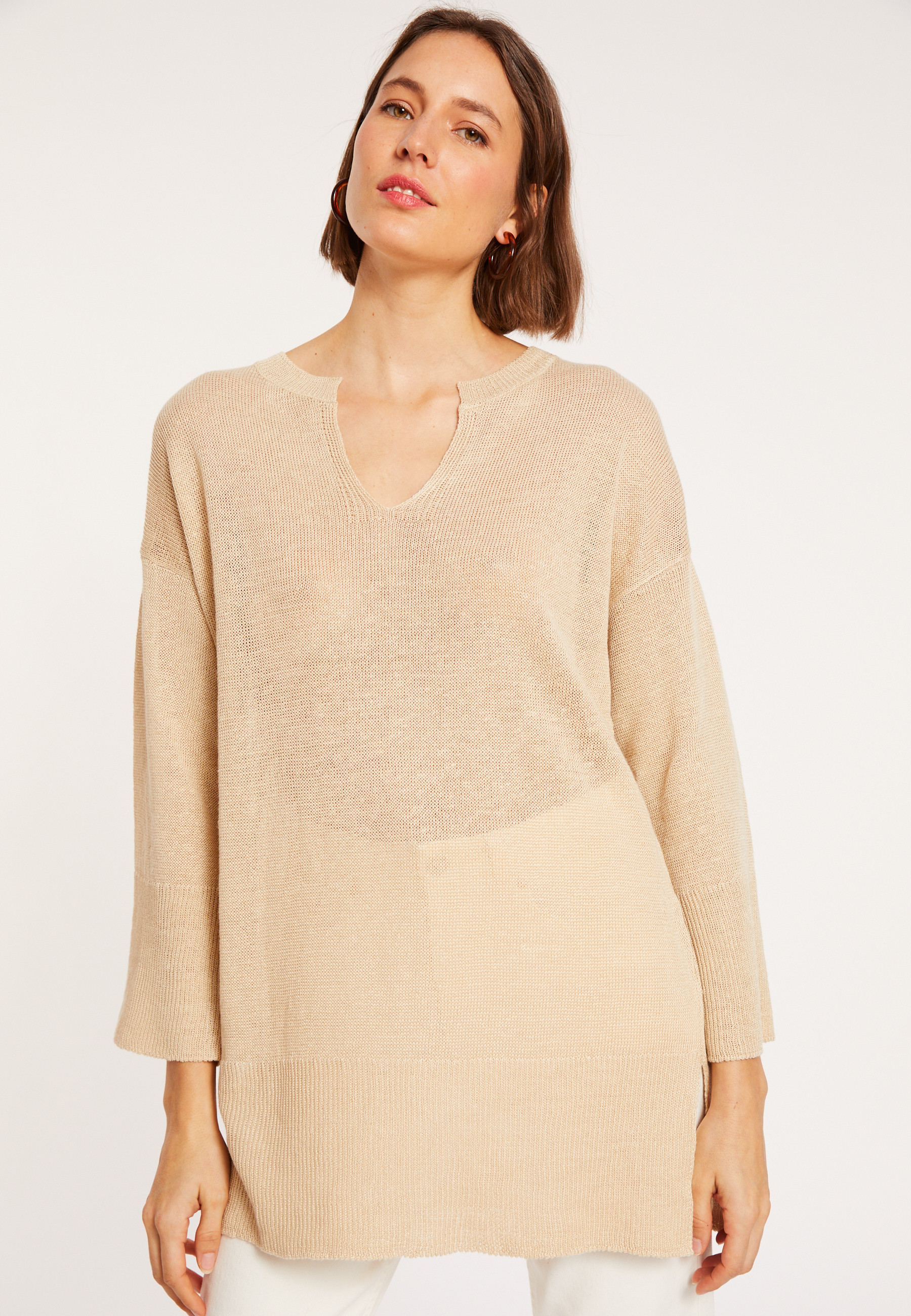 Tunique ample col V en lin - Marielle 8020 ficelle - 12 Beige clair