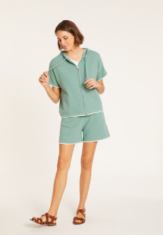 Sweat zippé manches courtes en coton brossé - Mackenzie 8134 - 94 Vert amande