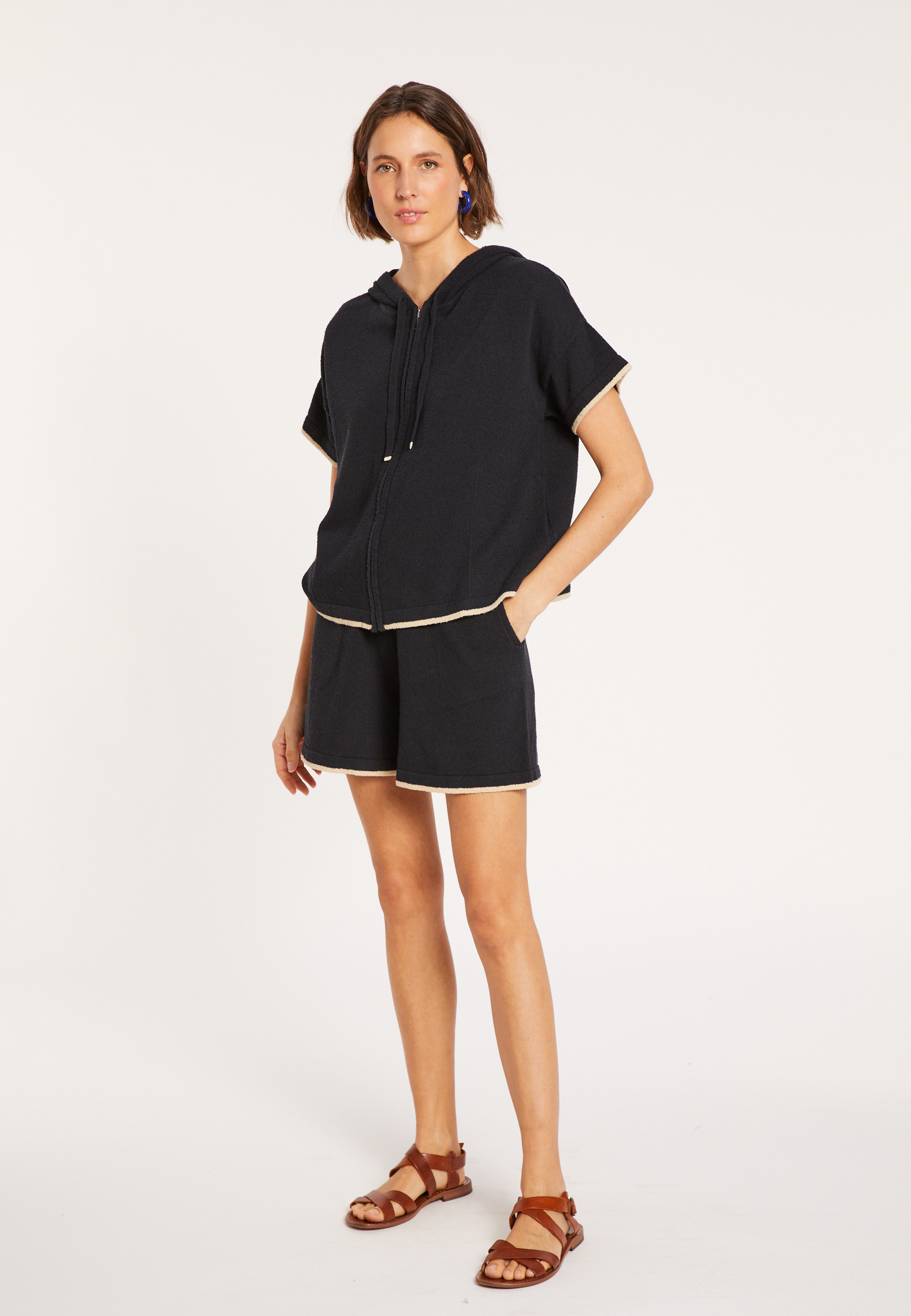 Short sleeve brushed cotton zip-up sweatshirt - Mackenzie