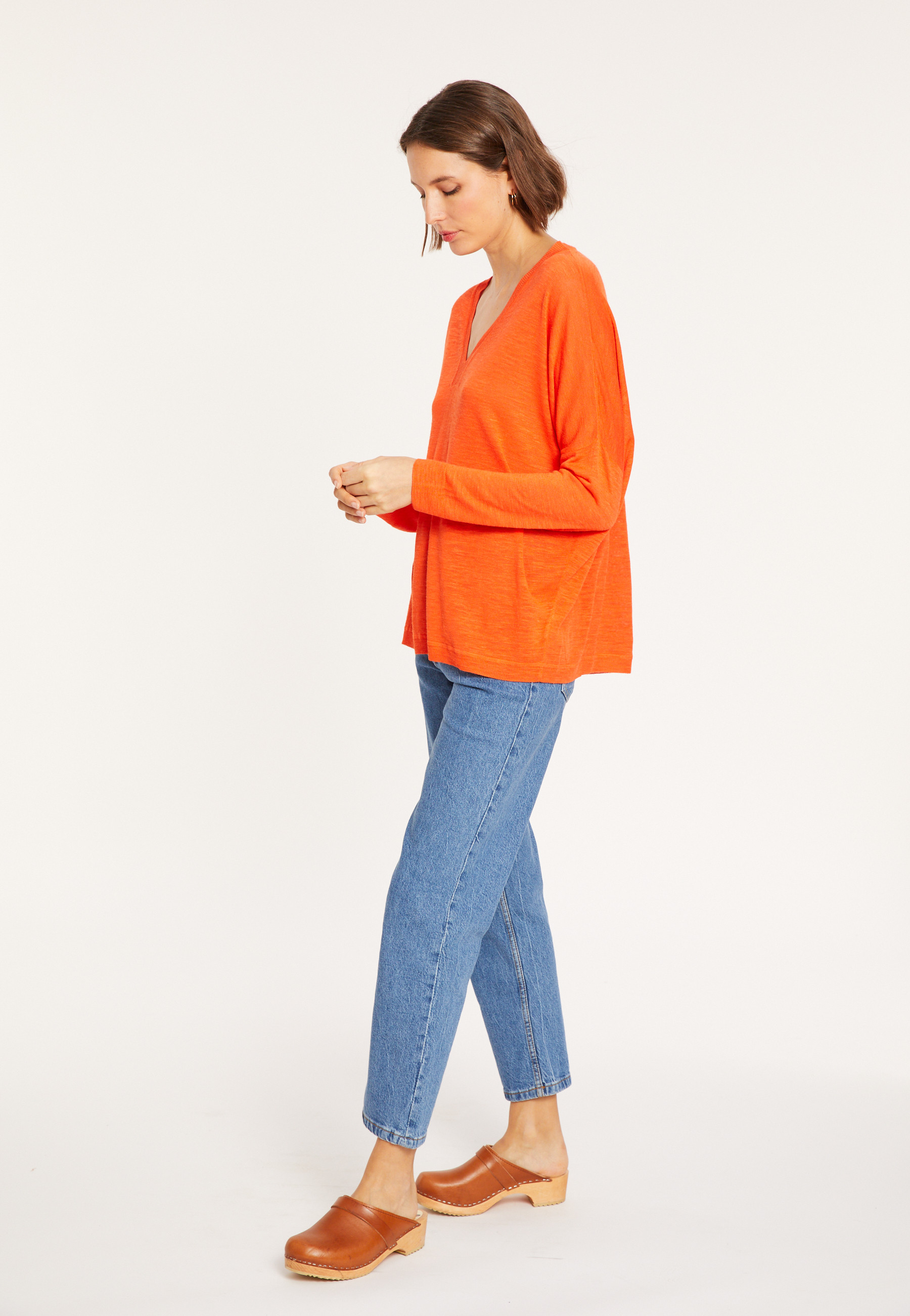 T-shirt oversize col v en lin flammé - Beja 8071 papaye - 15 Orange