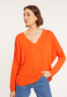 T-shirt oversize col v en lin flammé - Beja 8071 papaye - 15 Orange