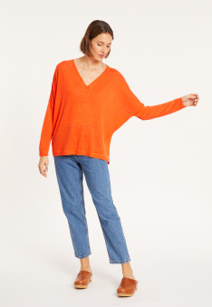 T-shirt oversize col v en lin flammé - Beja 8071 papaye - 15 Orange