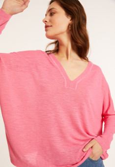 T-shirt oversize col v en lin flammé - Beja 8082 dahlia - 24 Rose clair