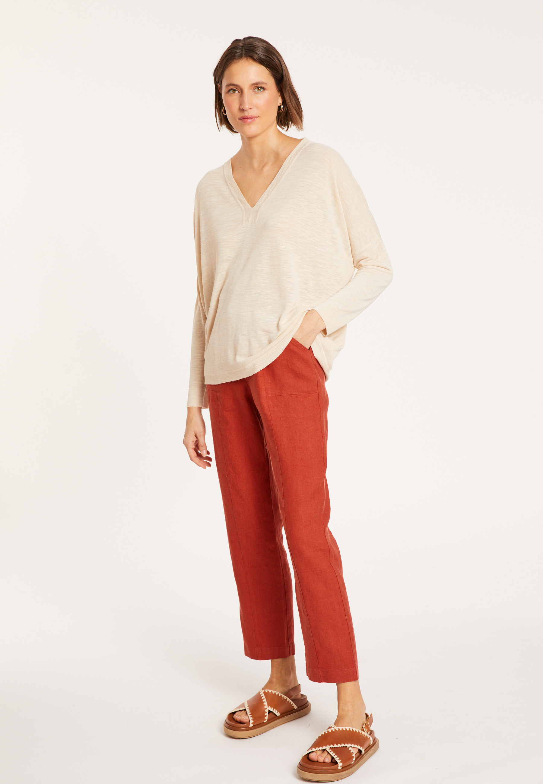 T-shirt oversize col v en lin flammé - Beja 8020 ficelle - 12 Beige clair
