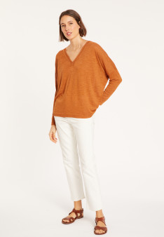 T-shirt oversize col v en lin flammé - Beja 8030 cannelle - 07 Marron