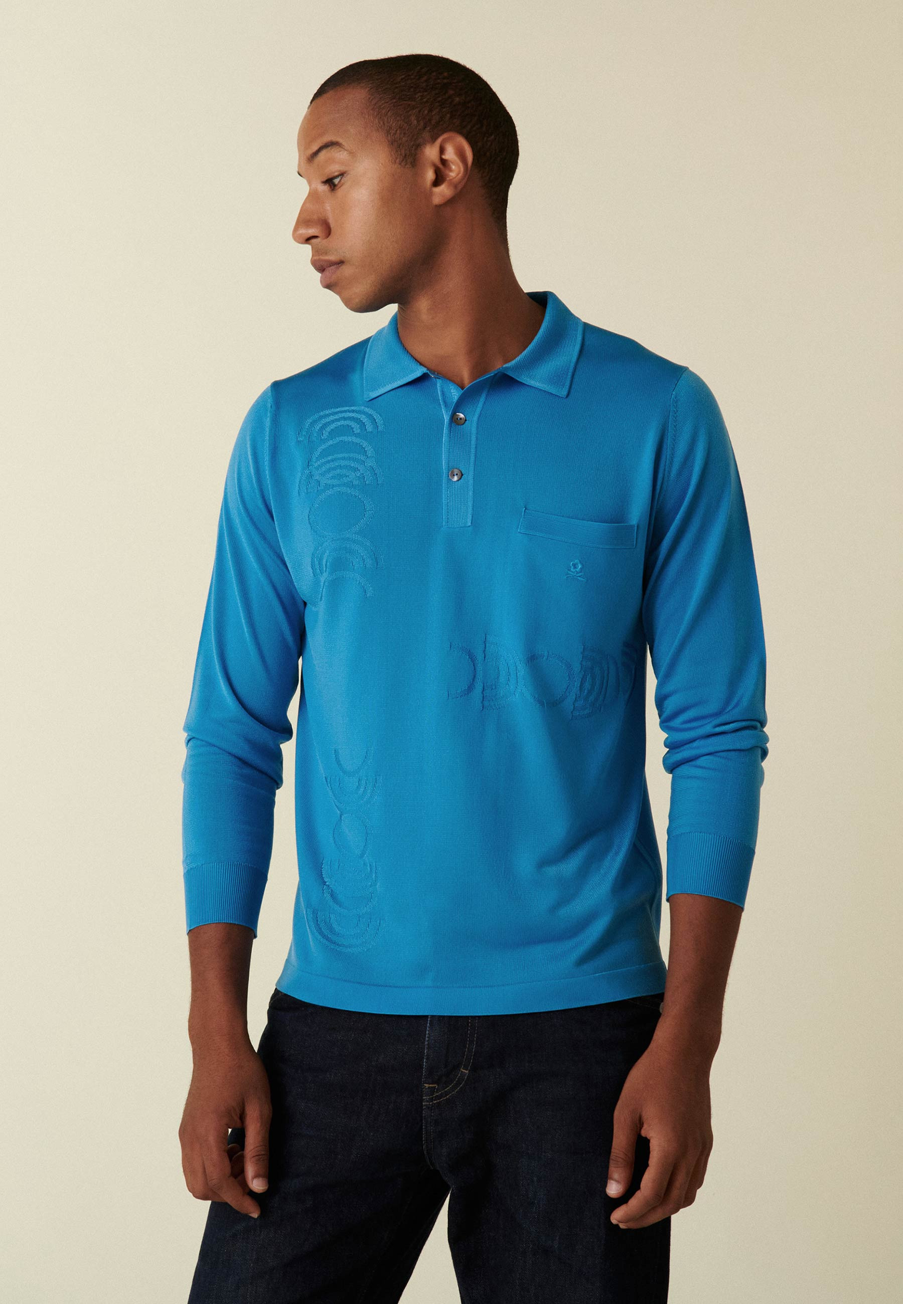 Polo manches longues en Fil Lumière à motifs arrondis - Defi 5375 rivage - 06 Bleu moyen