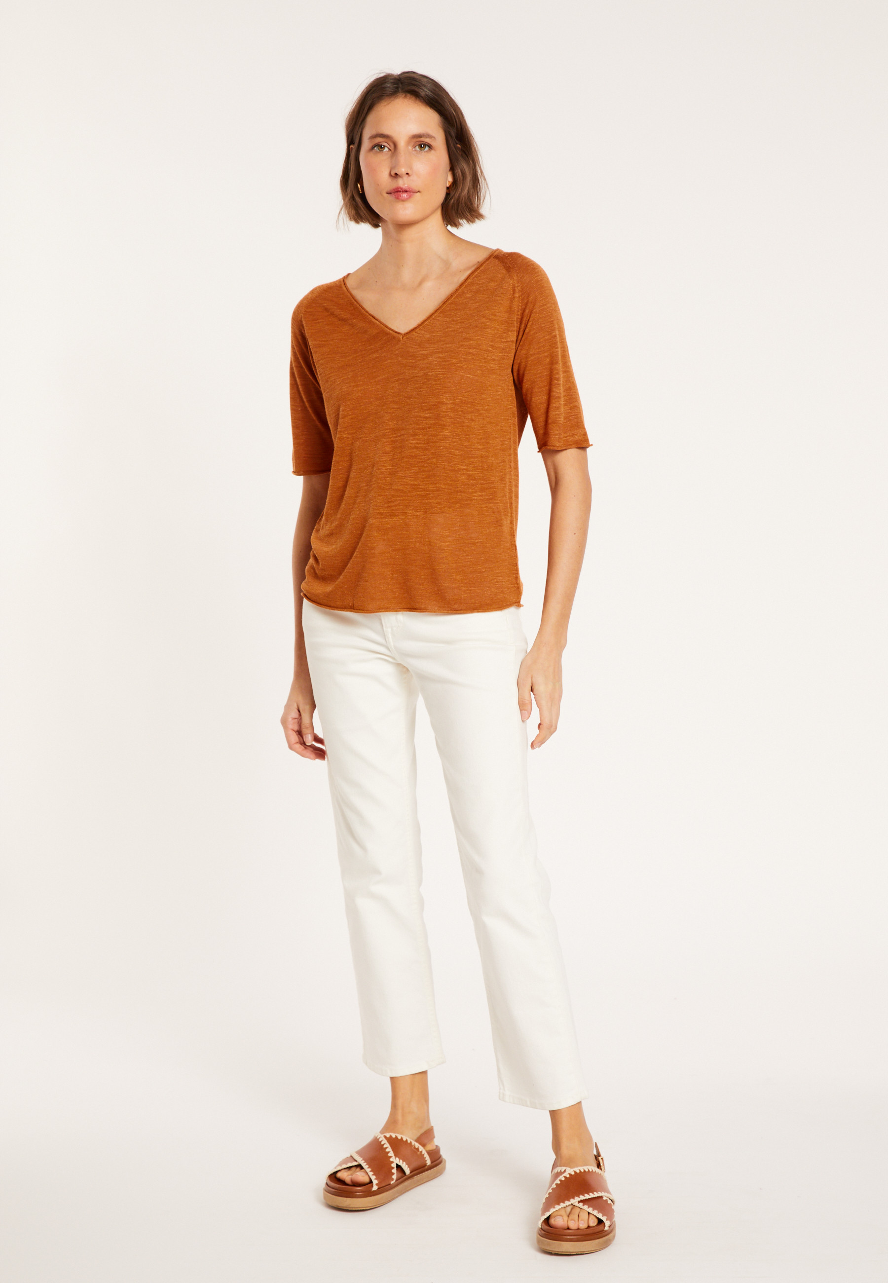 Flamed linen elbow sleeve t-shirt - Bonbon