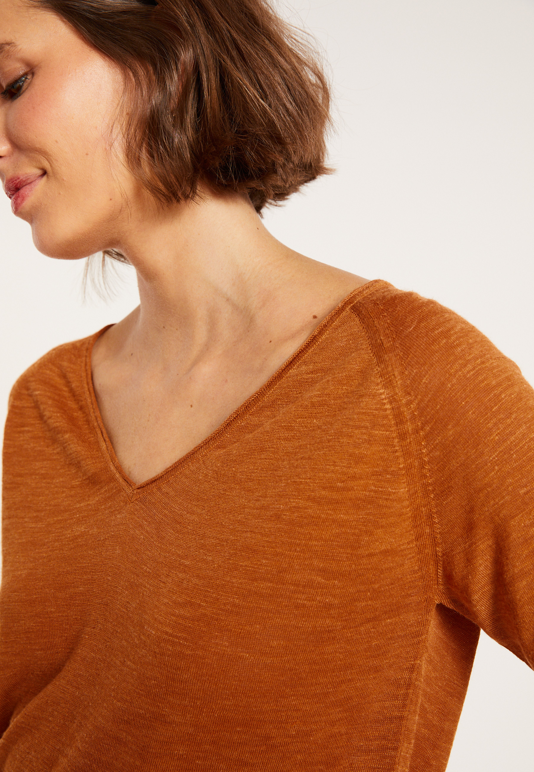 T-shirt manches coudes en lin flammé - Bonbon 8030 - 07 Marron