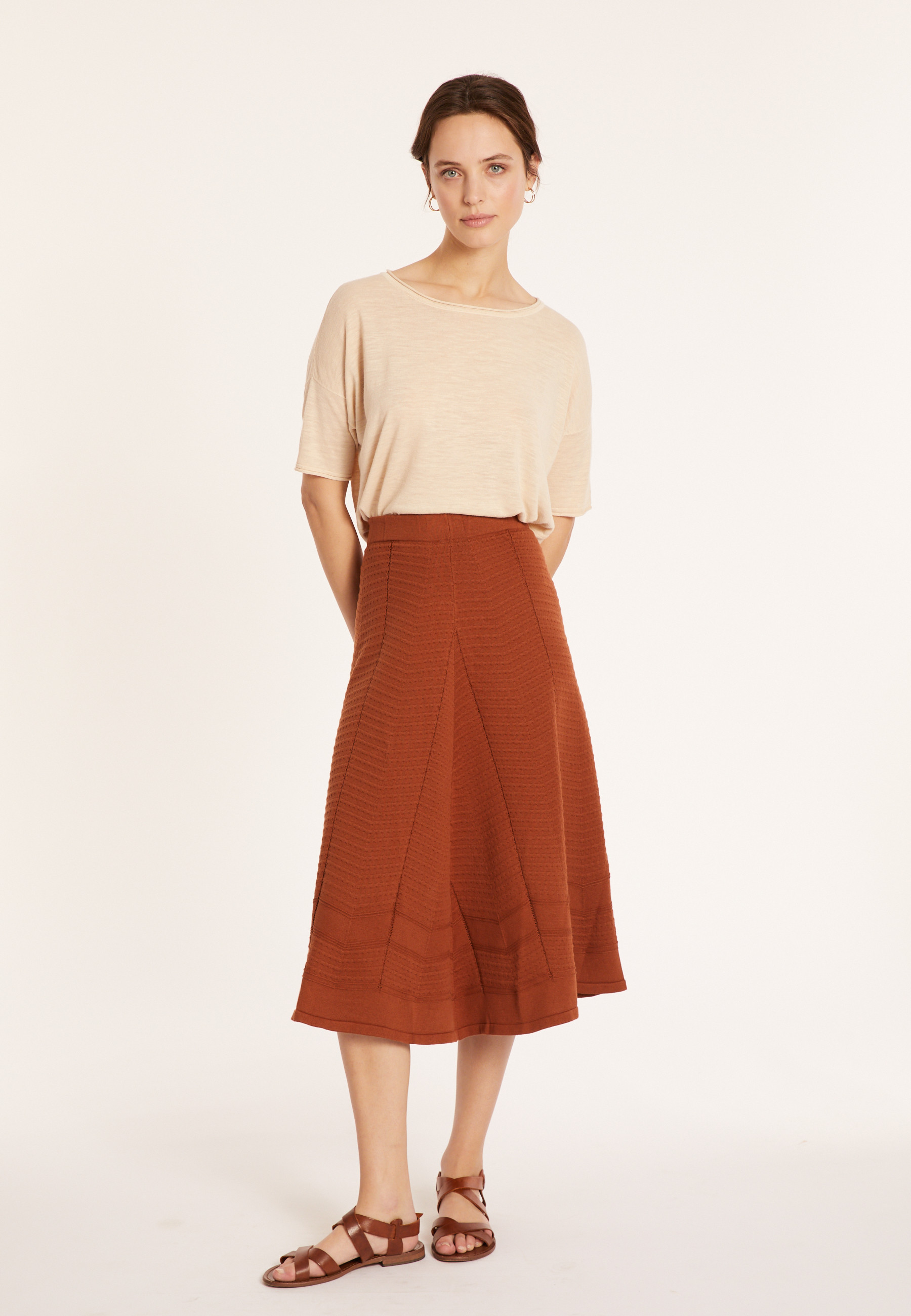 T-shirt ample manches coudes en lin flammé - Taslim 8020 - 12 Beige clair