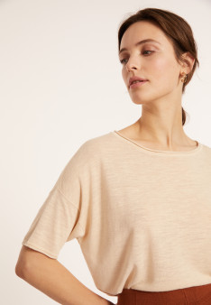 T-shirt ample manches coudes en lin flammé - Taslim 8020 - 12 Beige clair