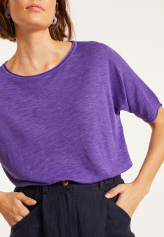 T-shirt ample manches coudes en lin flammé - Taslim 8090 - 17 Violet
